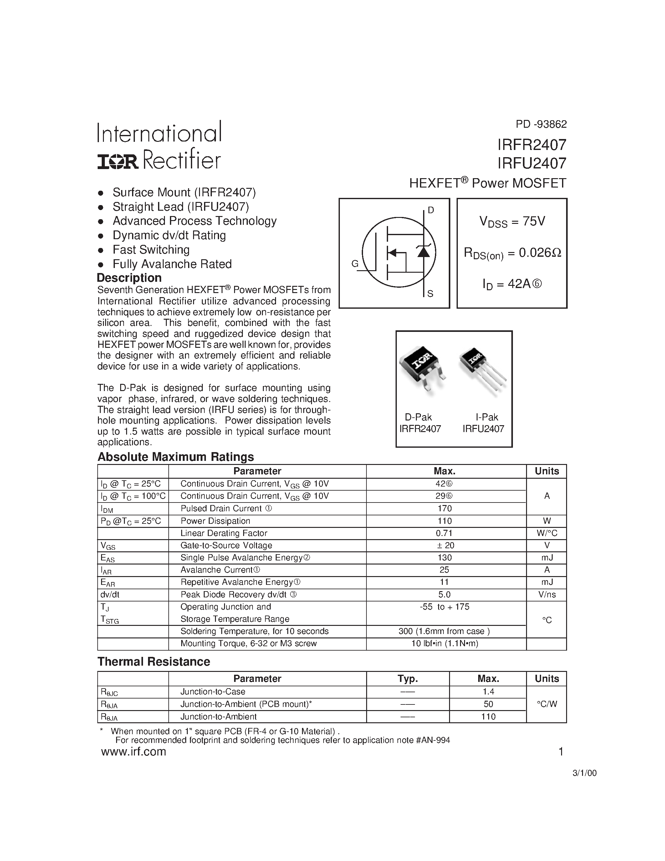 Datasheet IRFR2407 page 1 Datasheet IRFR2407 - Power MOSFET page 1