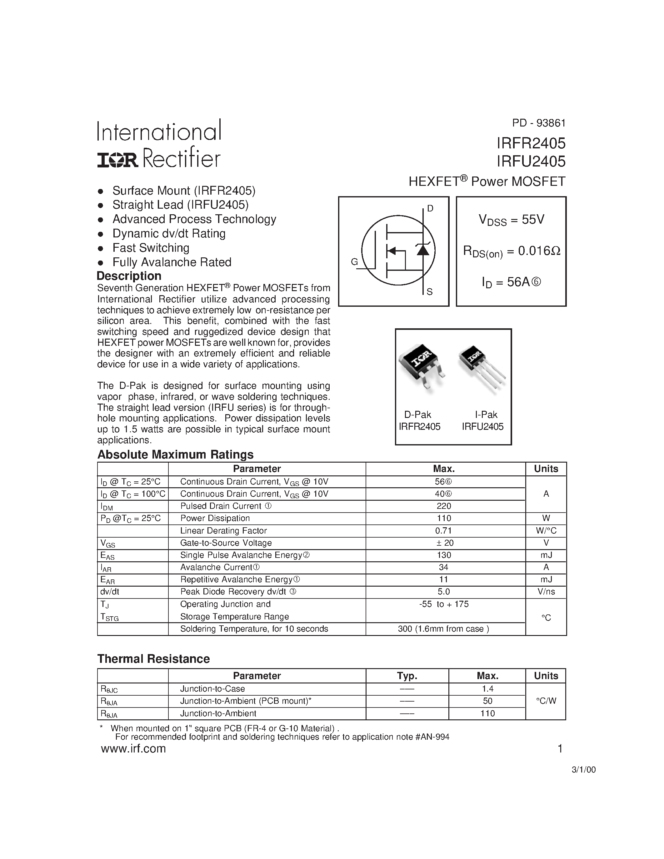 Datasheet IRFR2405 - Power MOSFET page 1