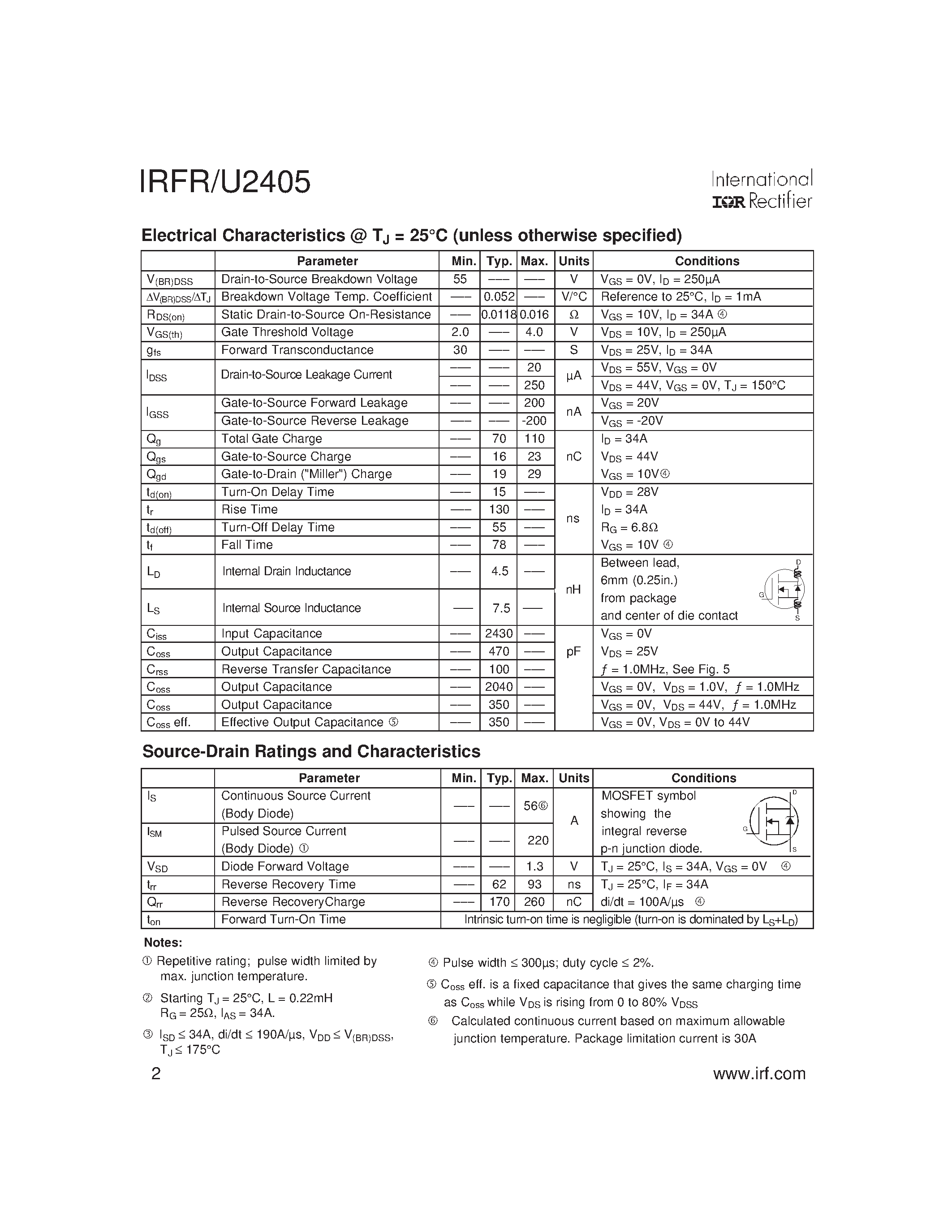 Datasheet IRFR2405 - Power MOSFET page 2