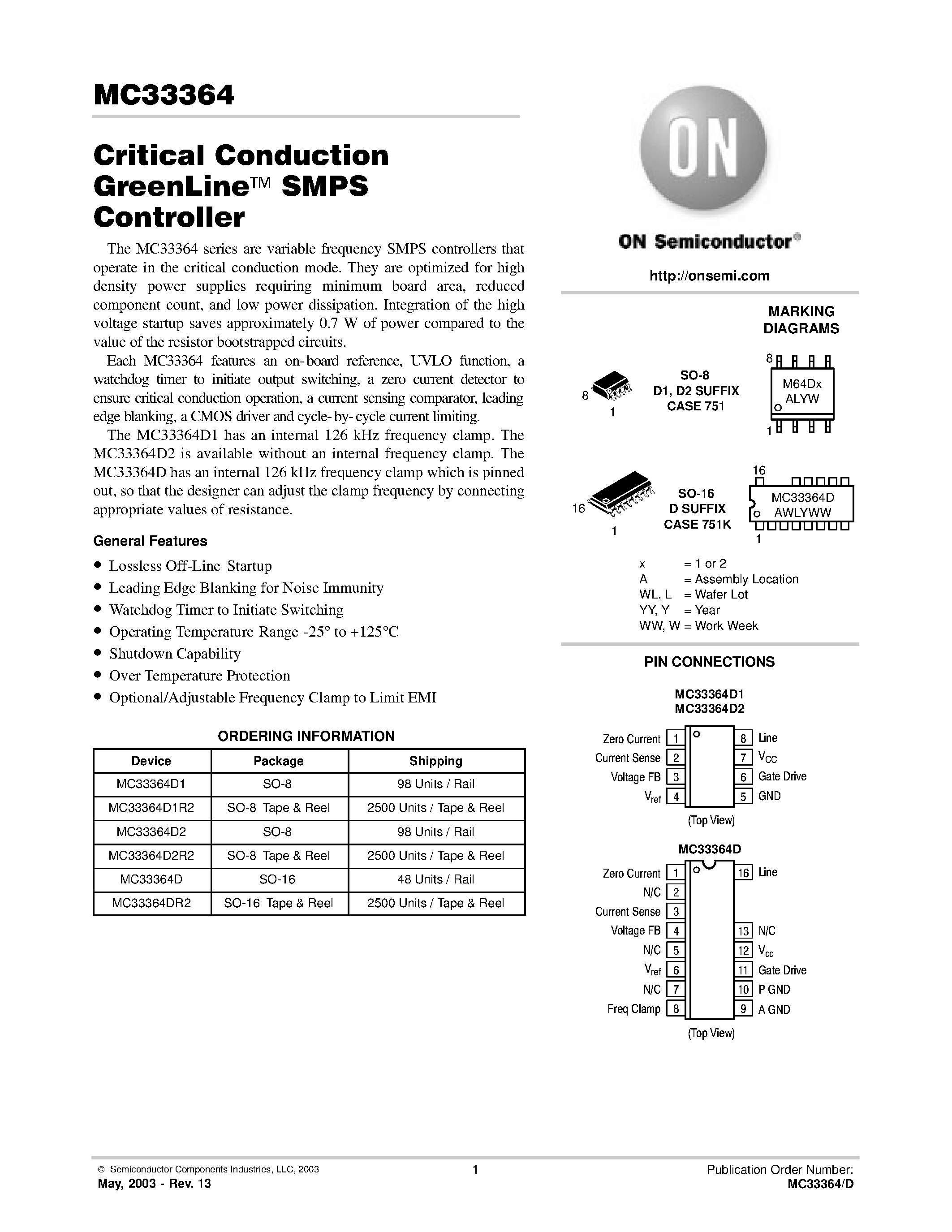 Datasheet MC33364 page 1 Datasheet MC33364 - Critical Conduction GreenLine SMPS Controller page 1