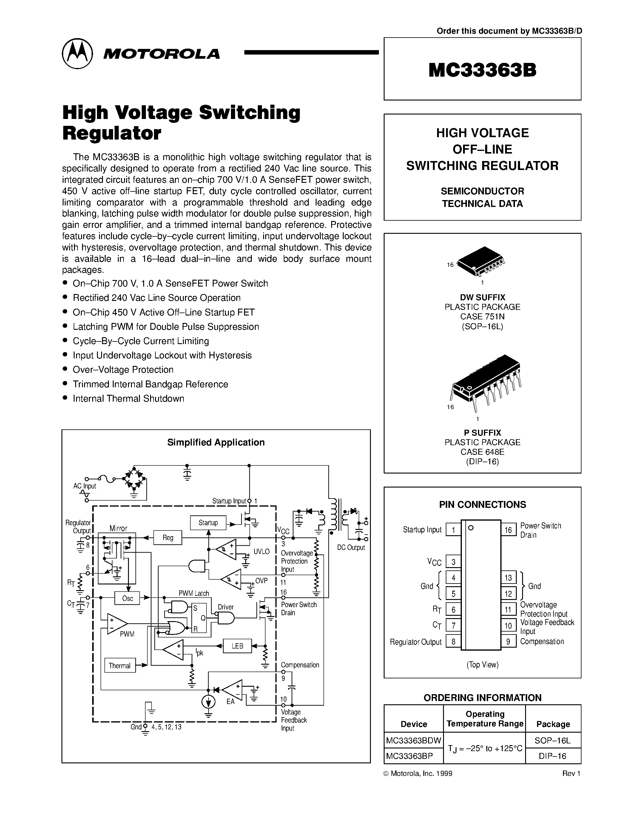 Datasheet MC33363B page 1 Datasheet MC33363B - HIGH VOLTAGE OFF-LINE SWITCHING REGULATOR page 1