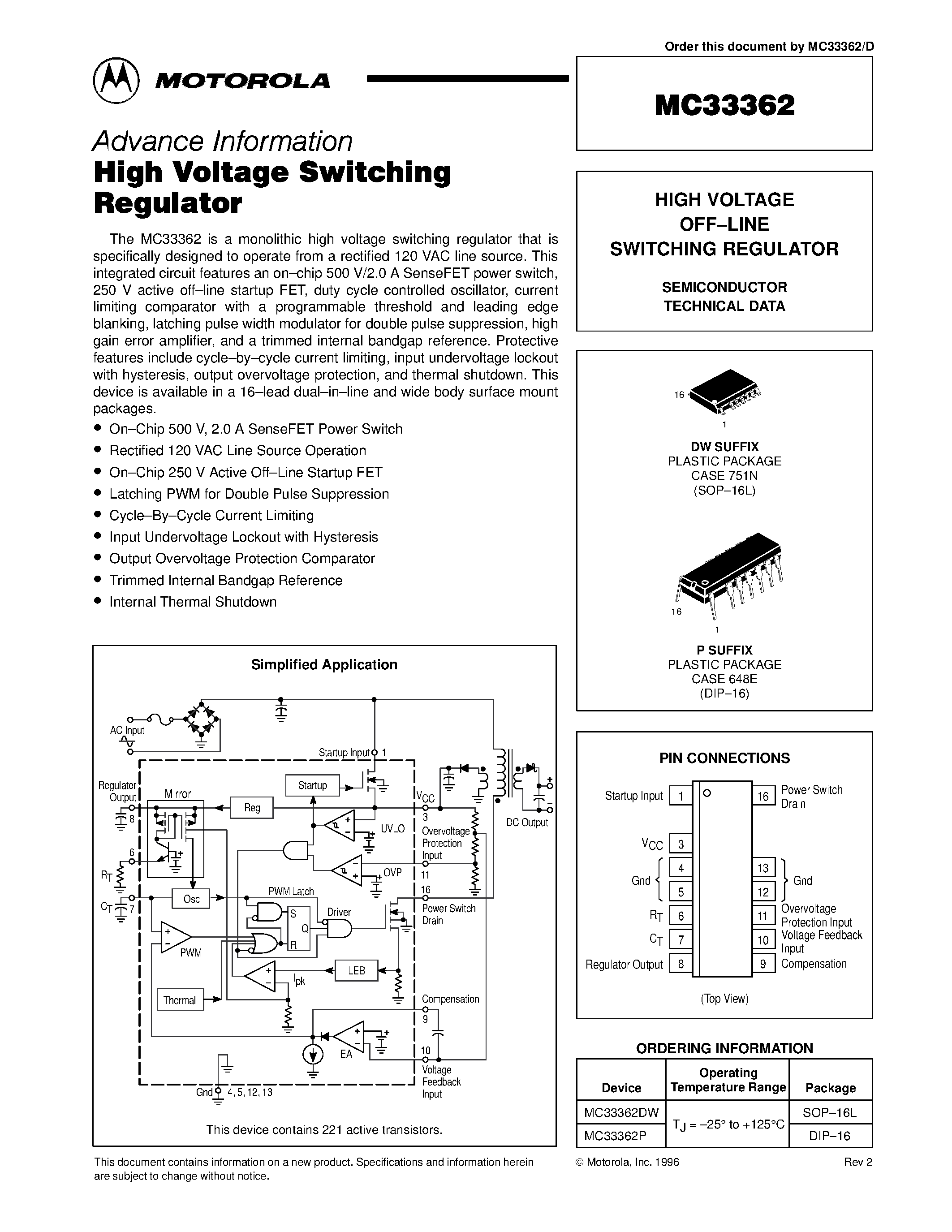 Datasheet MC33362 page 1 Datasheet MC33362 - HIGH VOLTAGE OFF-LINE SWITCHING REGULATOR page 1