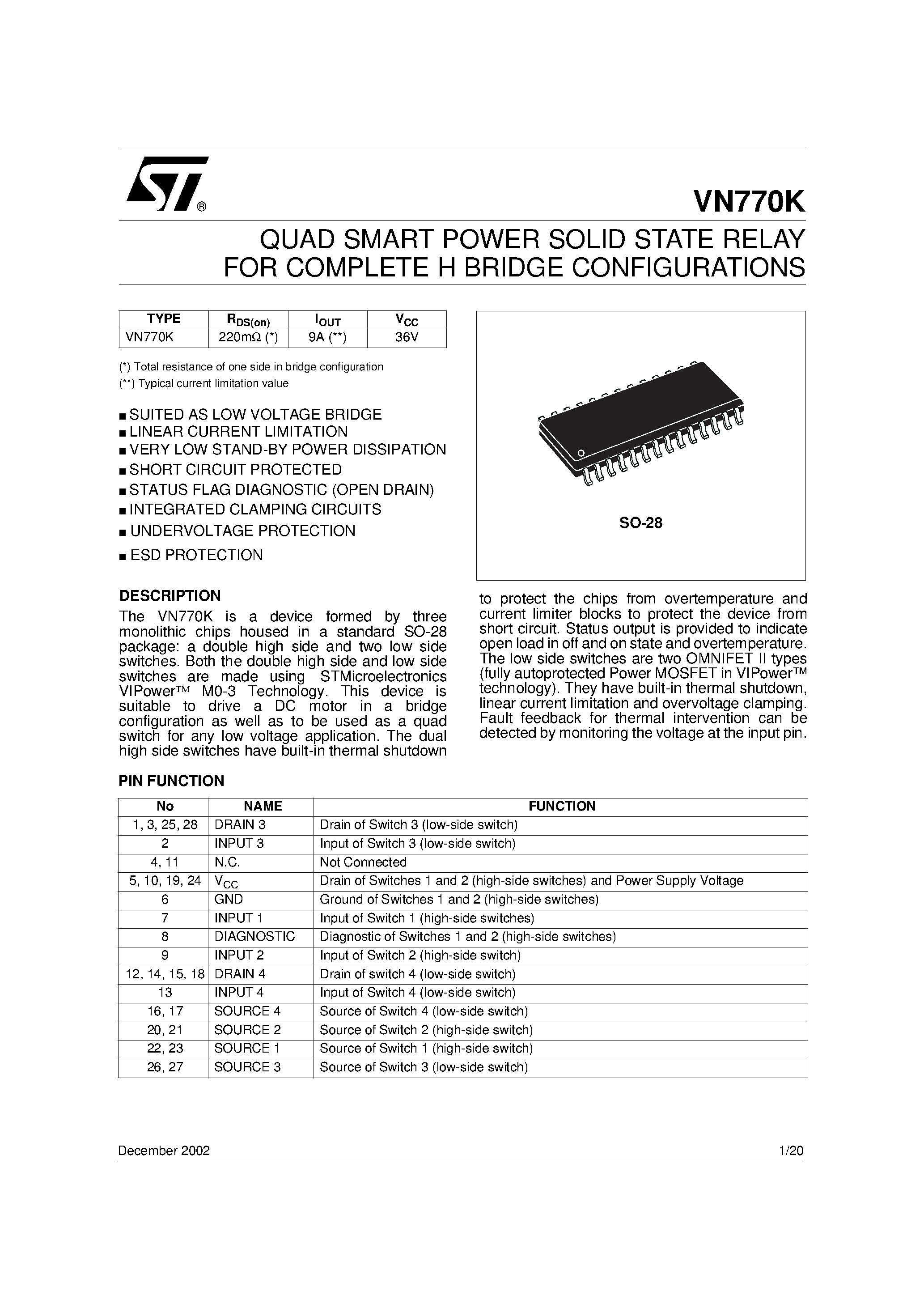 Даташит VN770K - QUAD SMART POWER SOLID STATE RELAY FOR COMPLETE H BRIDGE CONFIGURATIONS страница 1