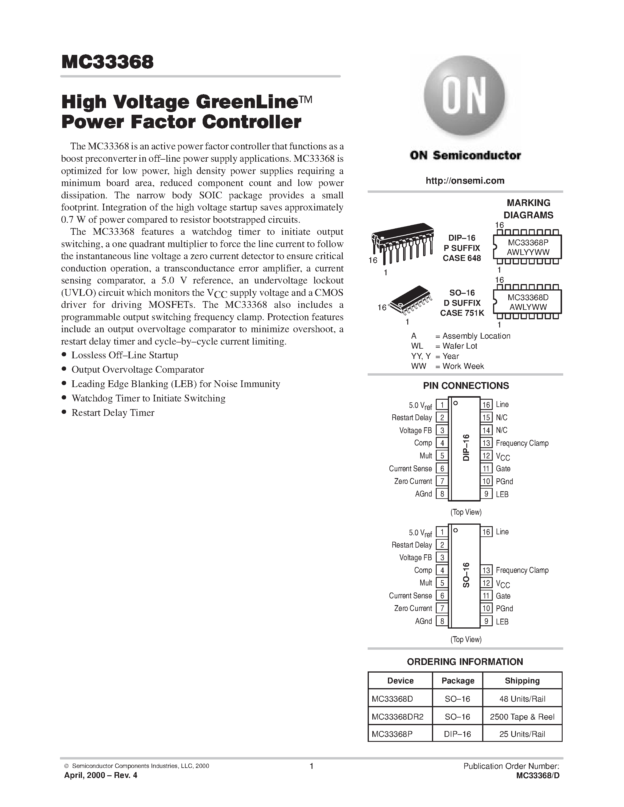 Datasheet MC33368 page 1 Datasheet MC33368 - High Voltage GreenLine Power Factor Controller page 1