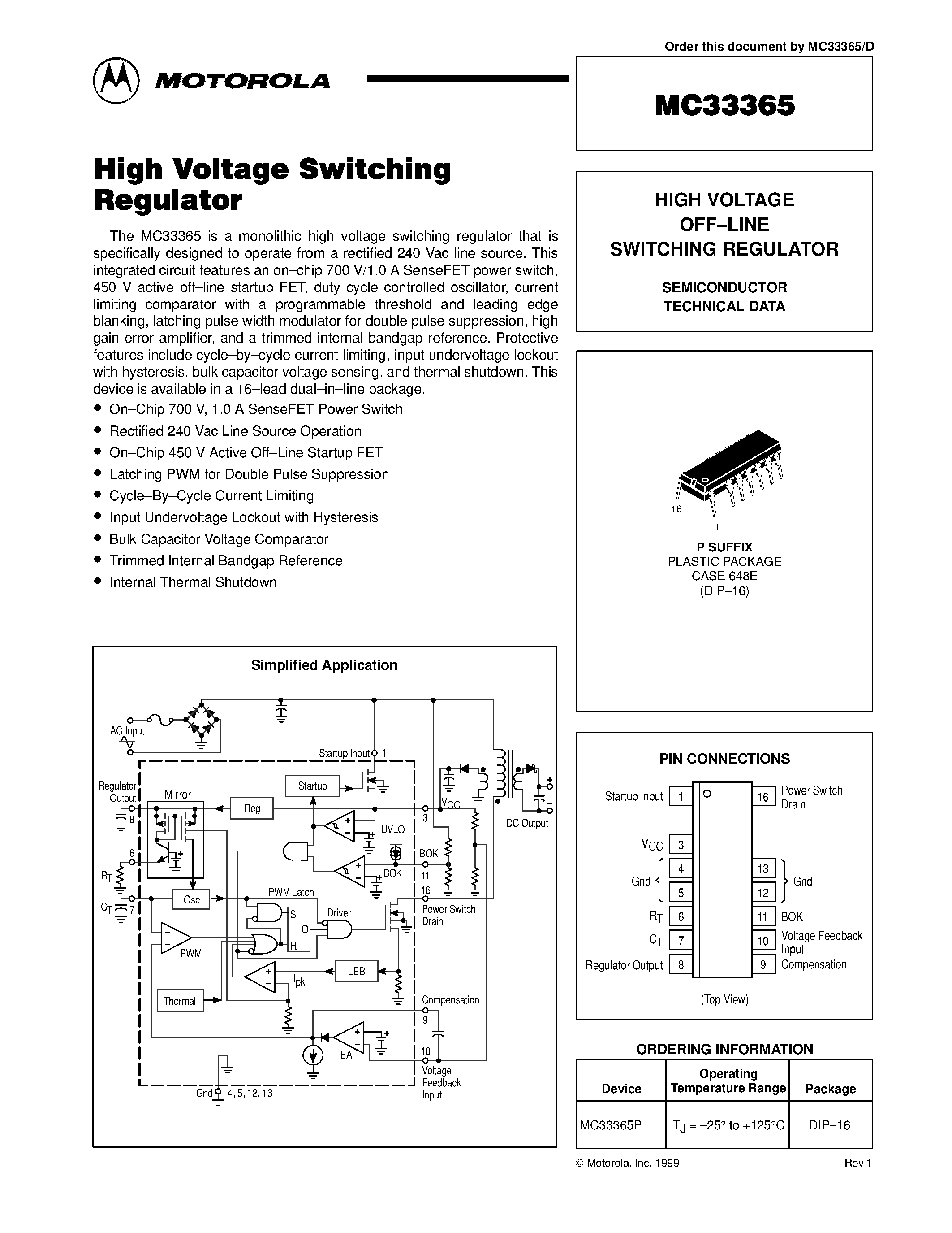 Datasheet MC33365 page 1 Datasheet MC33365 - HIGH VOLTAGE OFF-LINE SWITCHING REGULATOR page 1