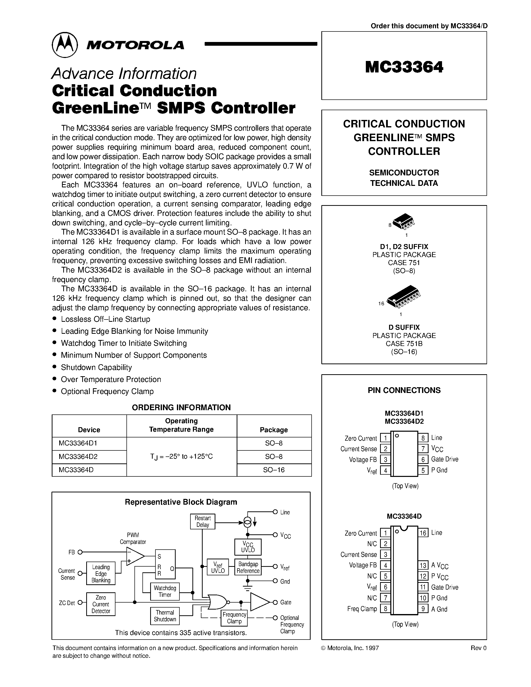 Datasheet MC33364 page 1 Datasheet MC33364 - CRITICAL CONDUCTION GREENLINEE SMPS CONTROLLER page 1