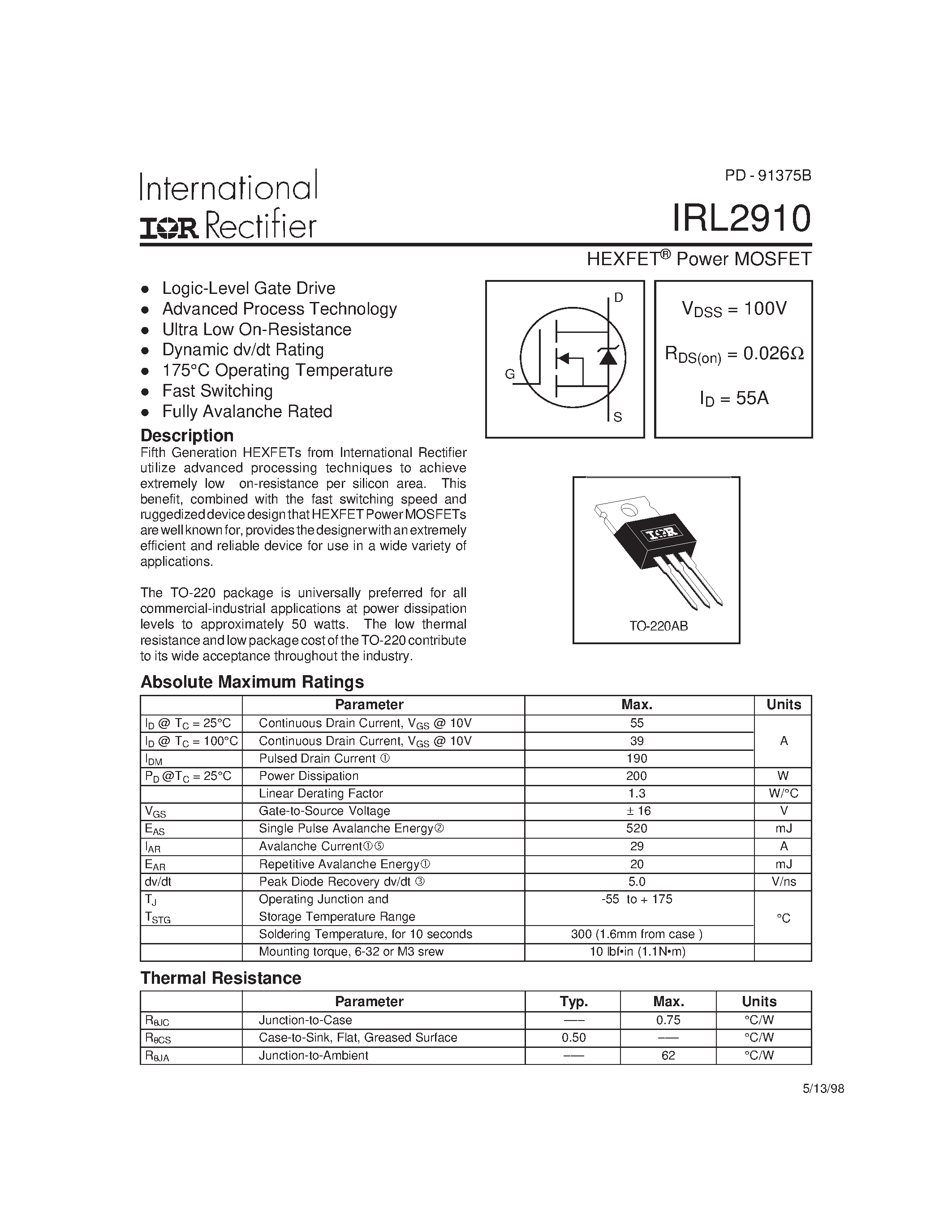 Datasheet IRL2910 - HEXFET Power MOSFET page 1