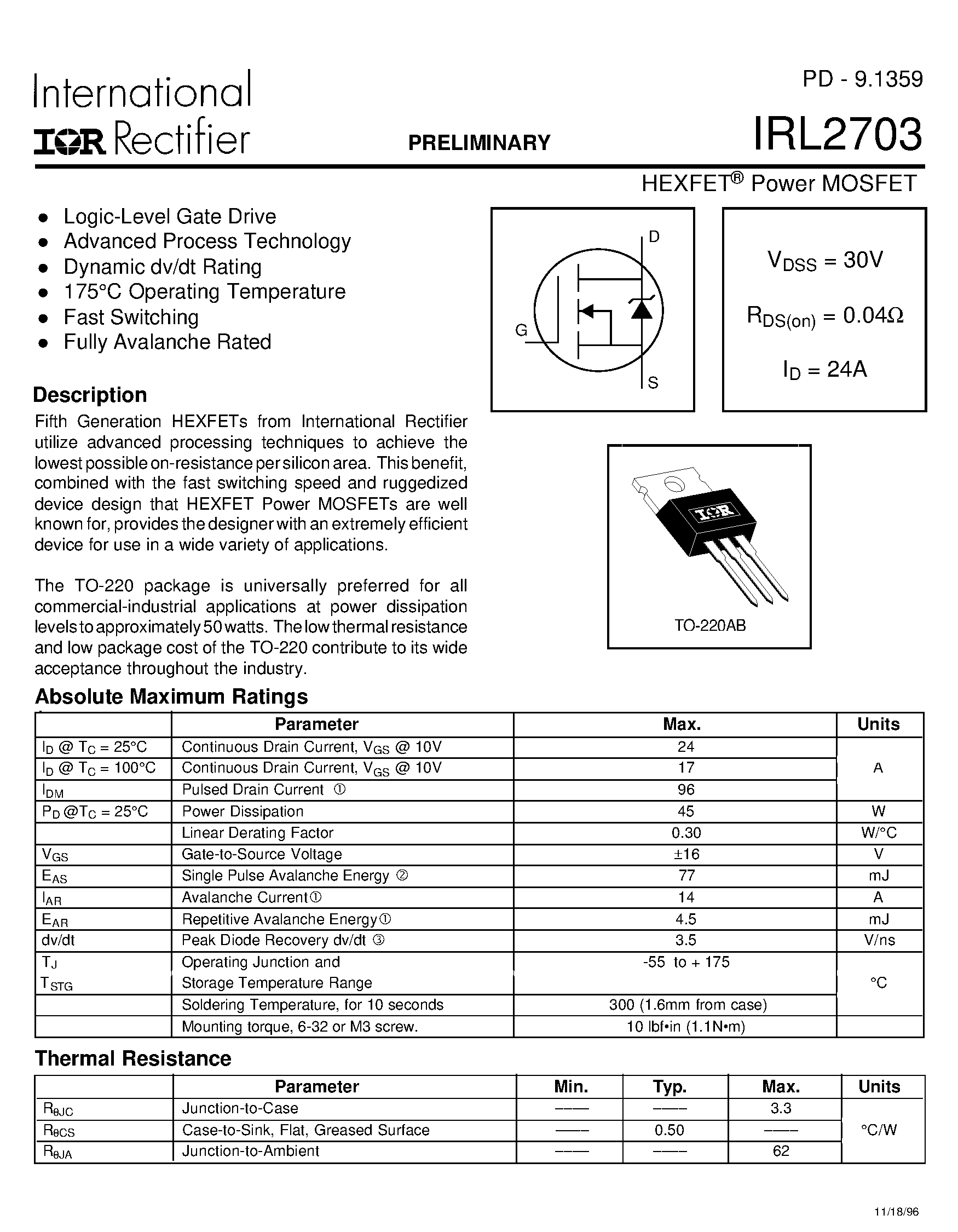 Даташит на микросхему IRL2703 страница 1 Даташит IRL2703 - HEXFET Power MOSFET страница 1