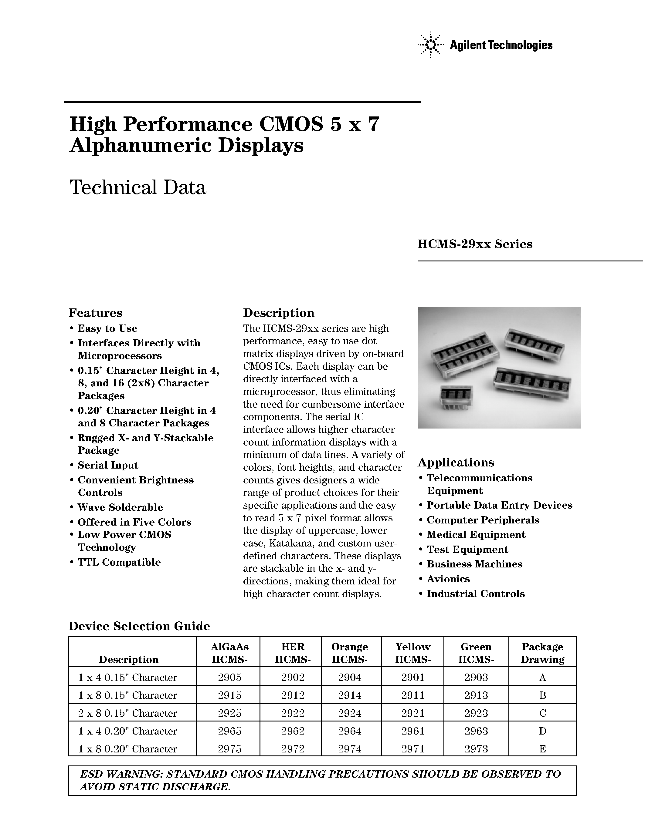 Datasheet HCMS-xxxx - High Performance CMOS 5 x 7 Alphanumeric Displays page 1