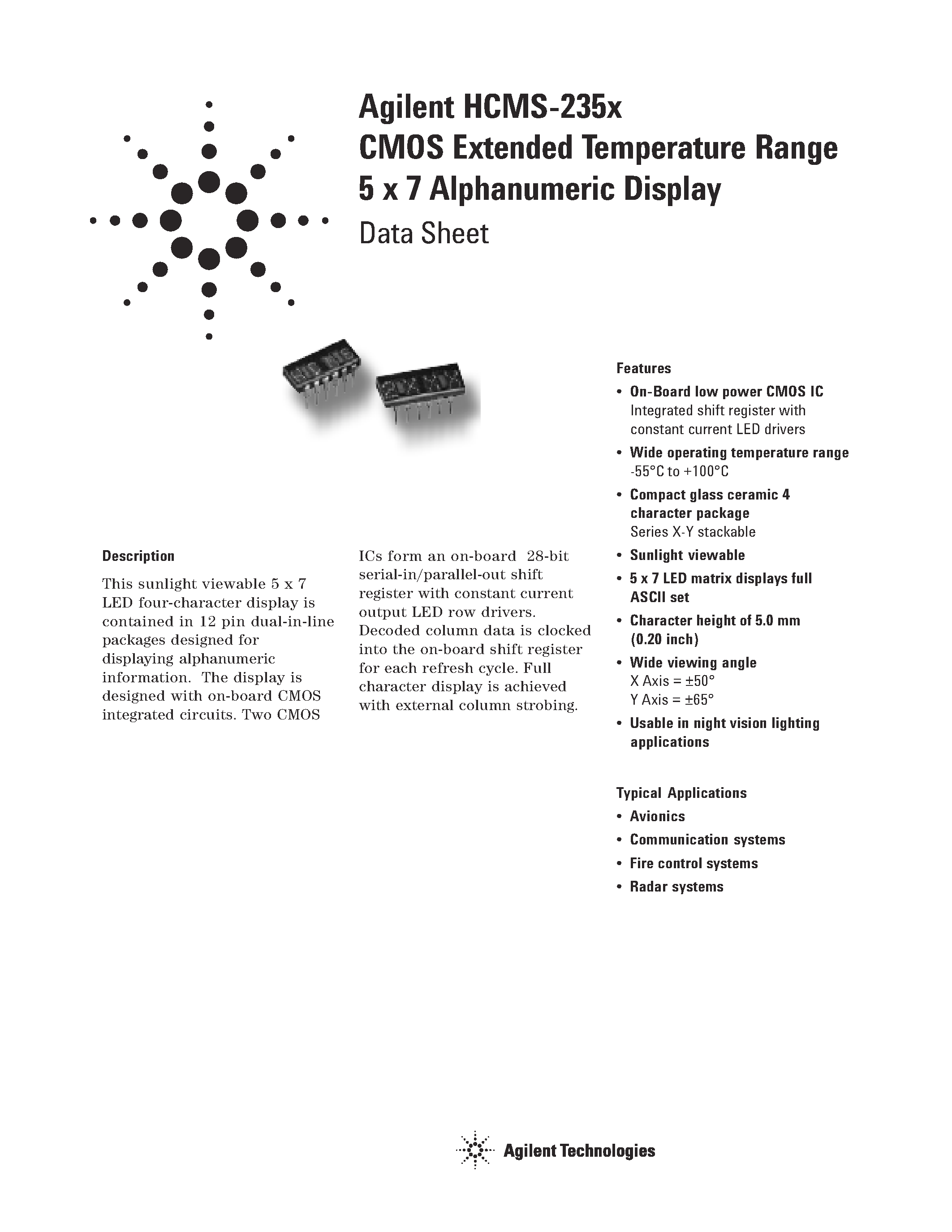 Datasheet HCMS-235x - CMOS Extended Temperature Range 5 x 7 Alphanumeric Display page 1