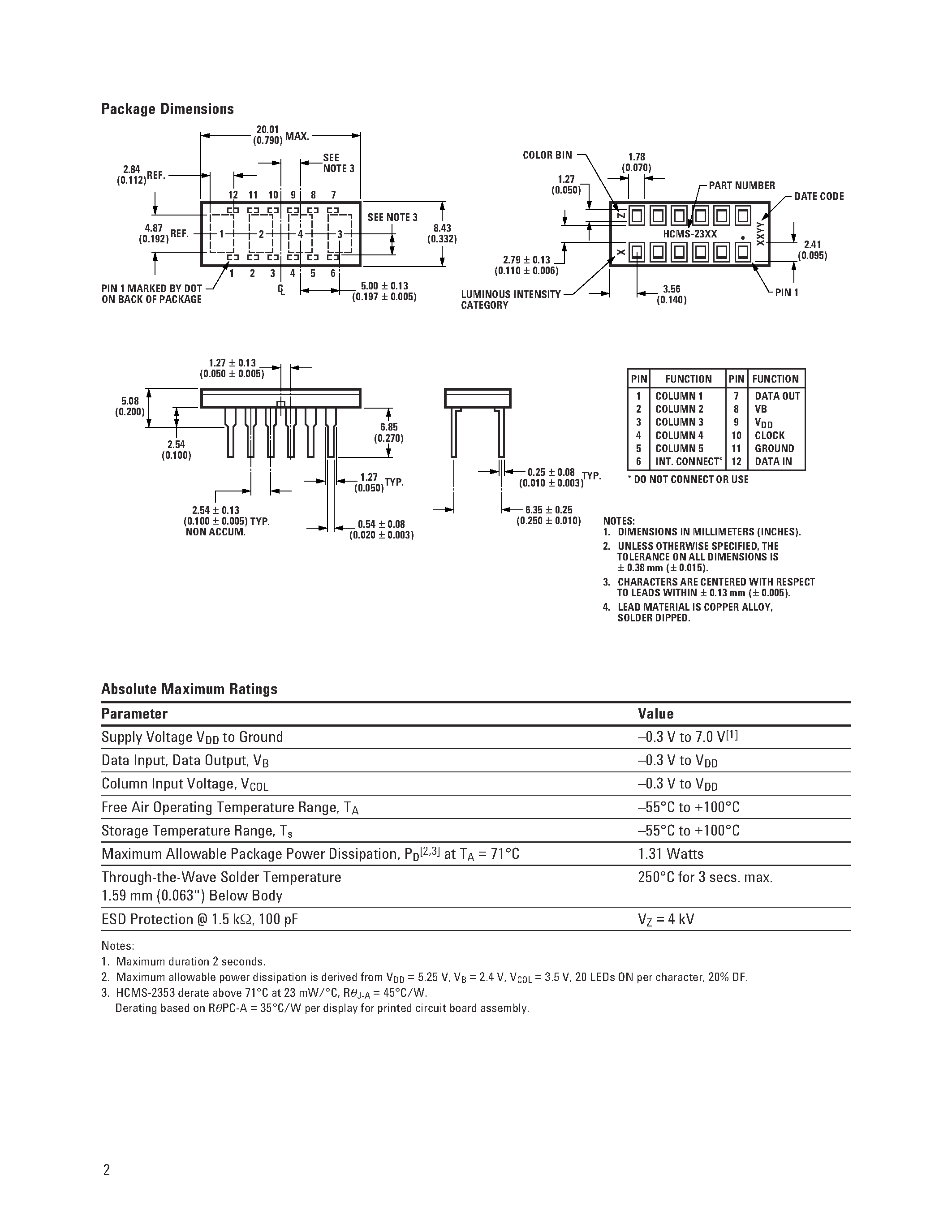 Datasheet HCMS-235x - CMOS Extended Temperature Range 5 x 7 Alphanumeric Display page 2