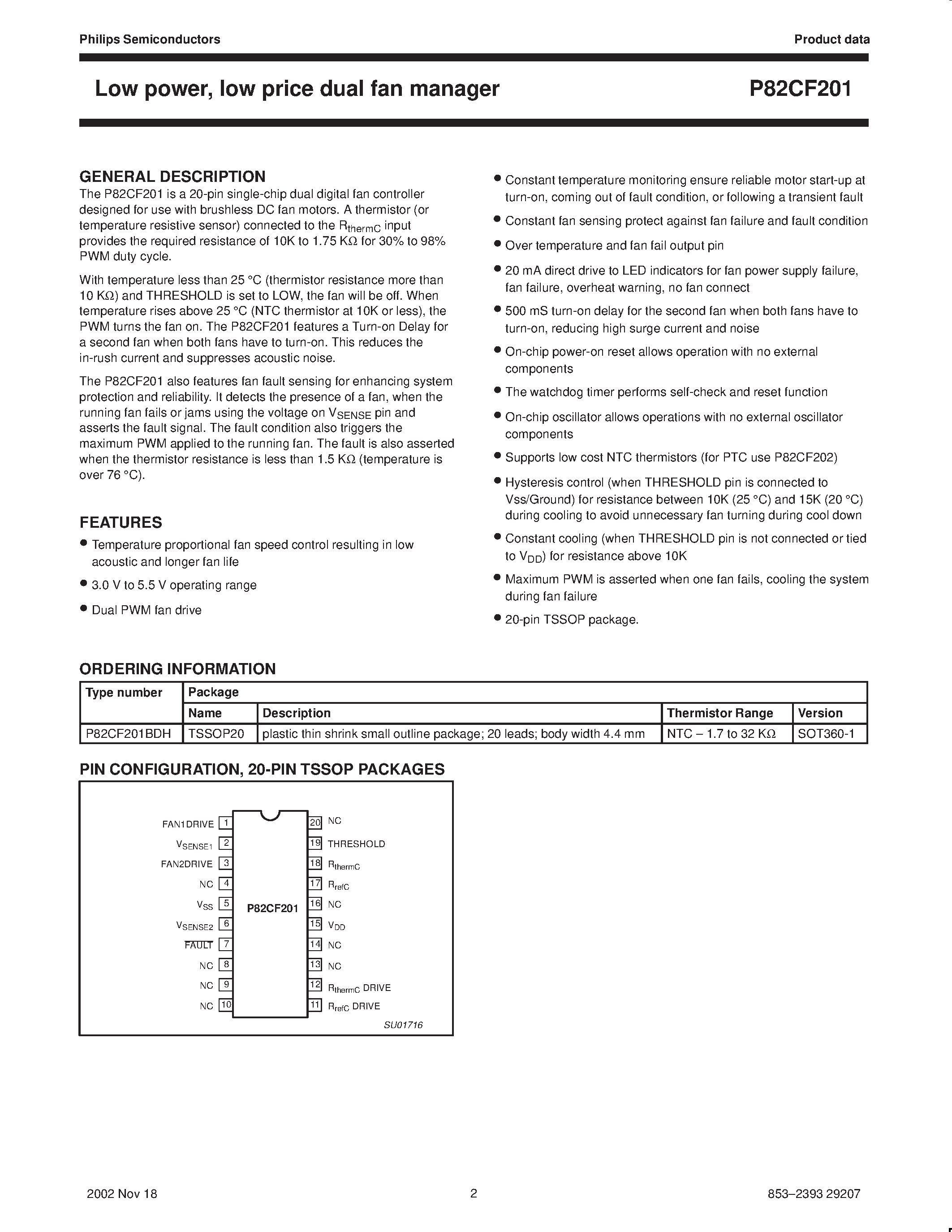 Datasheet P82CF201 - Low power / low price dual fan manager page 2