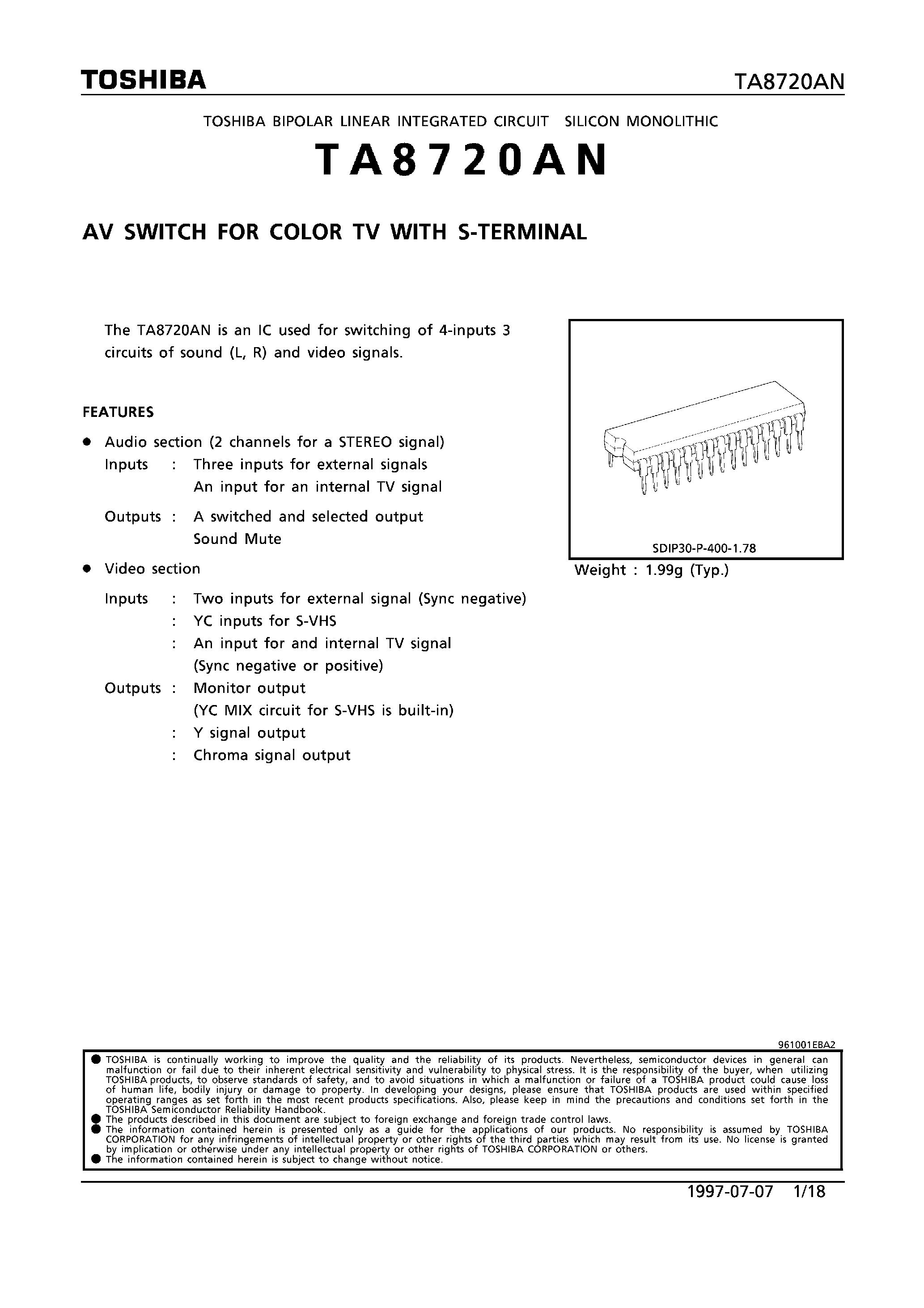 Datasheet TA8720AN page 1 Datasheet TA8720AN - AV SWITCH FOR COLOR TV WITH S-TERMINAL page 1