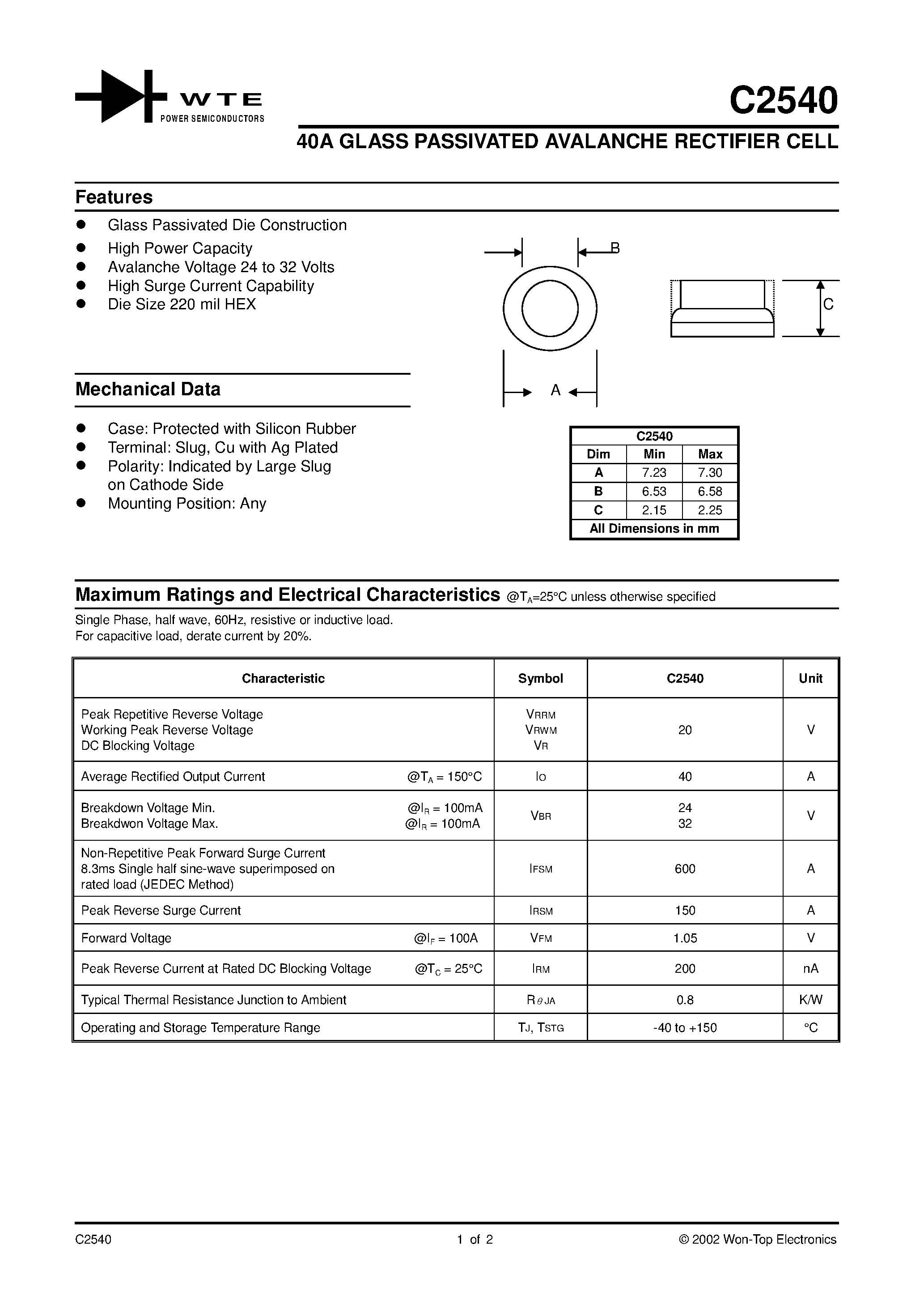 Datasheet C2540 page 1 Datasheet C2540 - 40A GLASS PASSIVATED AVALANCHE RECTIFIER CELL page 1