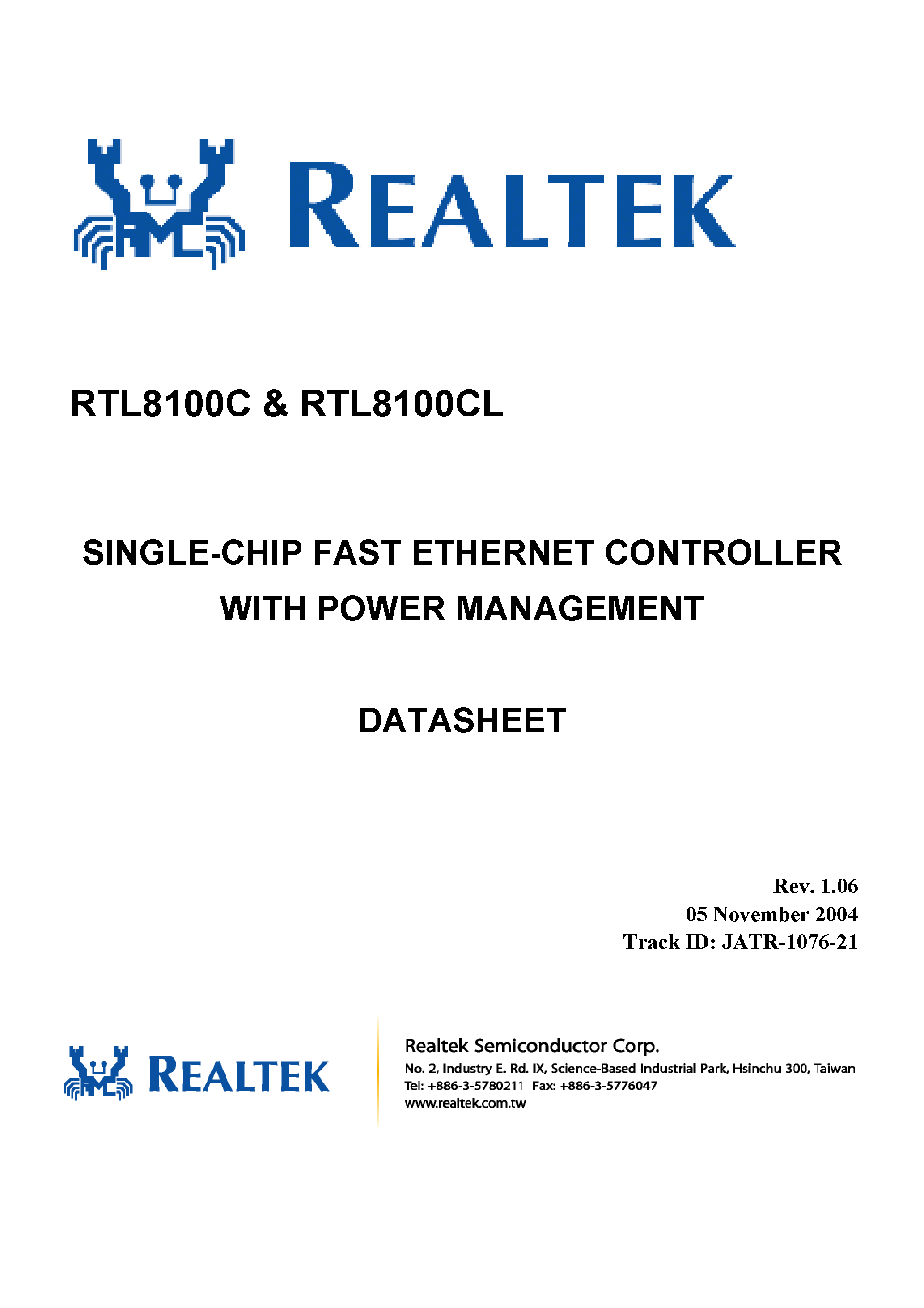 Даташит RTL8100C - Fast Ethernet Controller страница 1