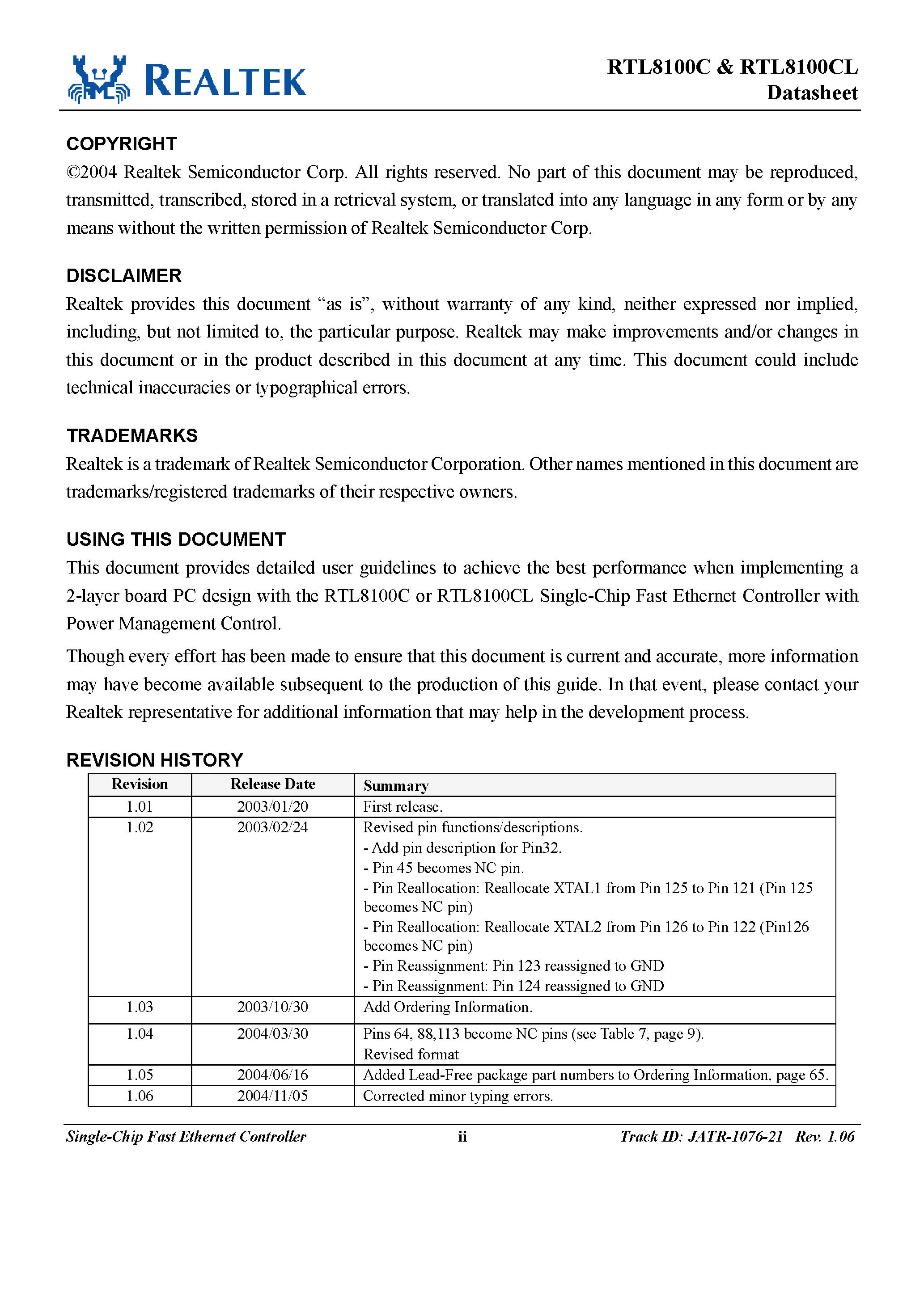 Даташит RTL8100C - Fast Ethernet Controller страница 2