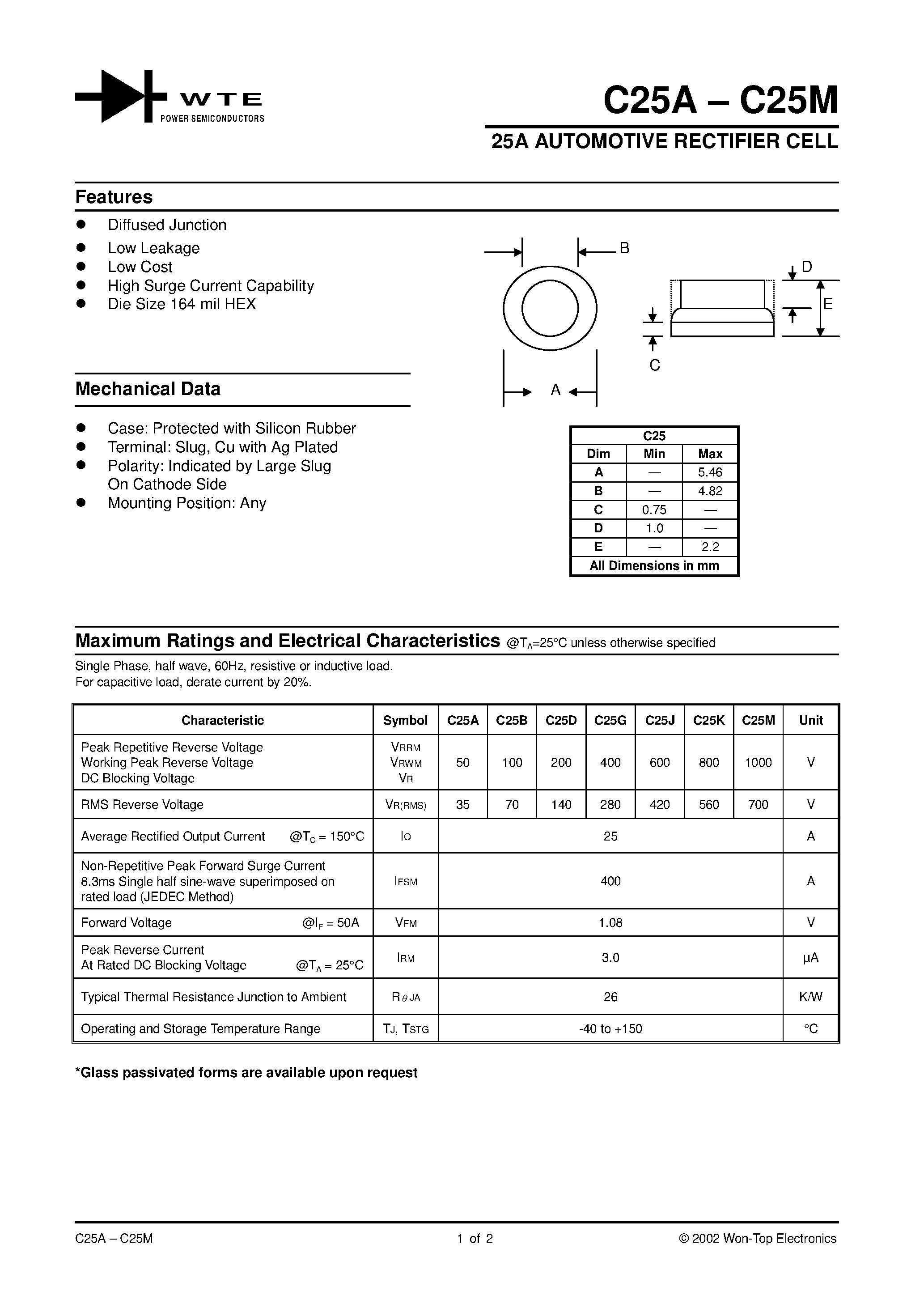 Datasheet C25A page 1 Datasheet C25A - (C25A - C25M) 25A AUTOMOTIVE RECTIFIER CELL page 1