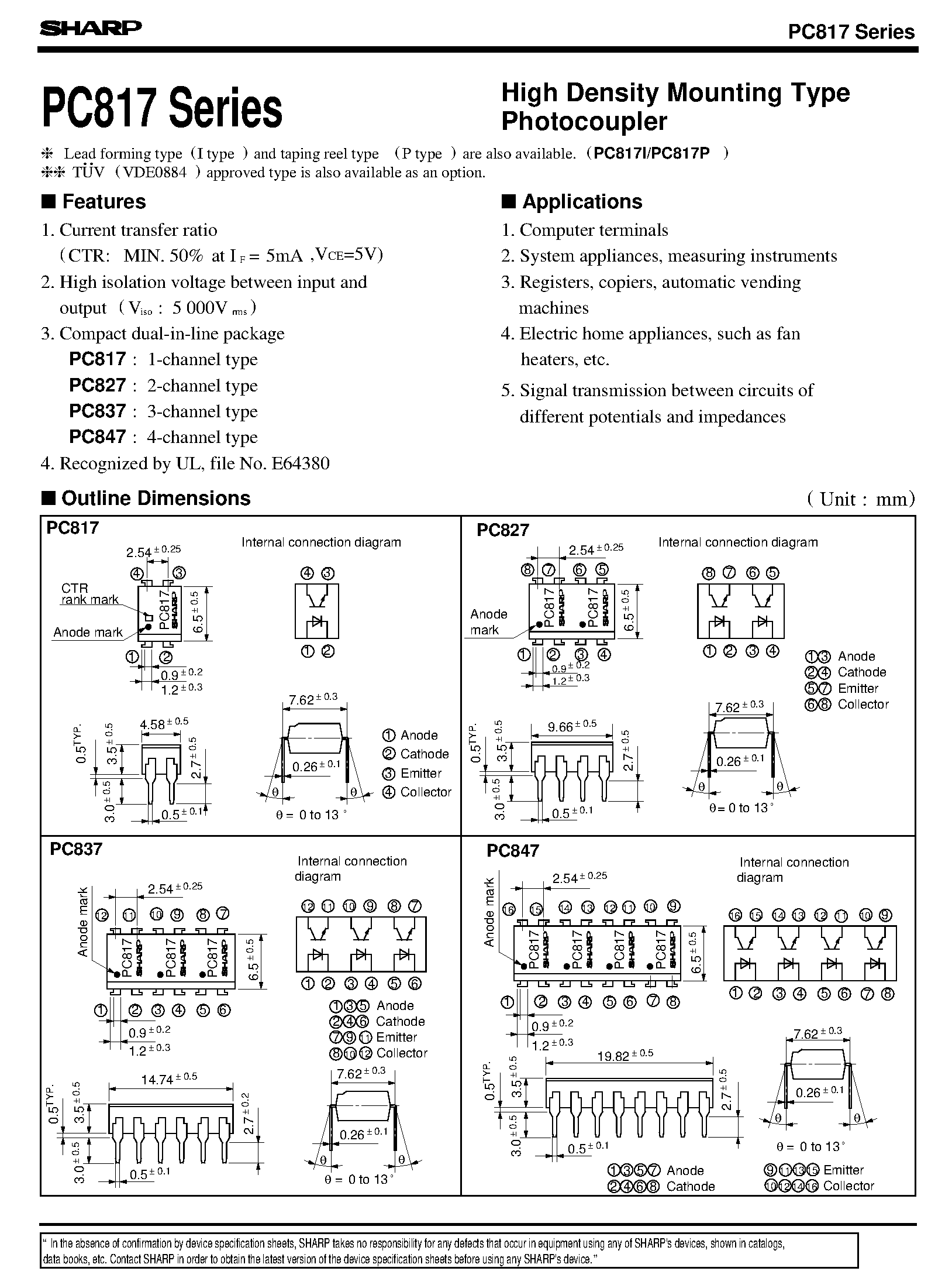 Даташит на микросхему PC817 страница 1 Даташит PC817 - High Density Mounting Type Photocoupler страница 1