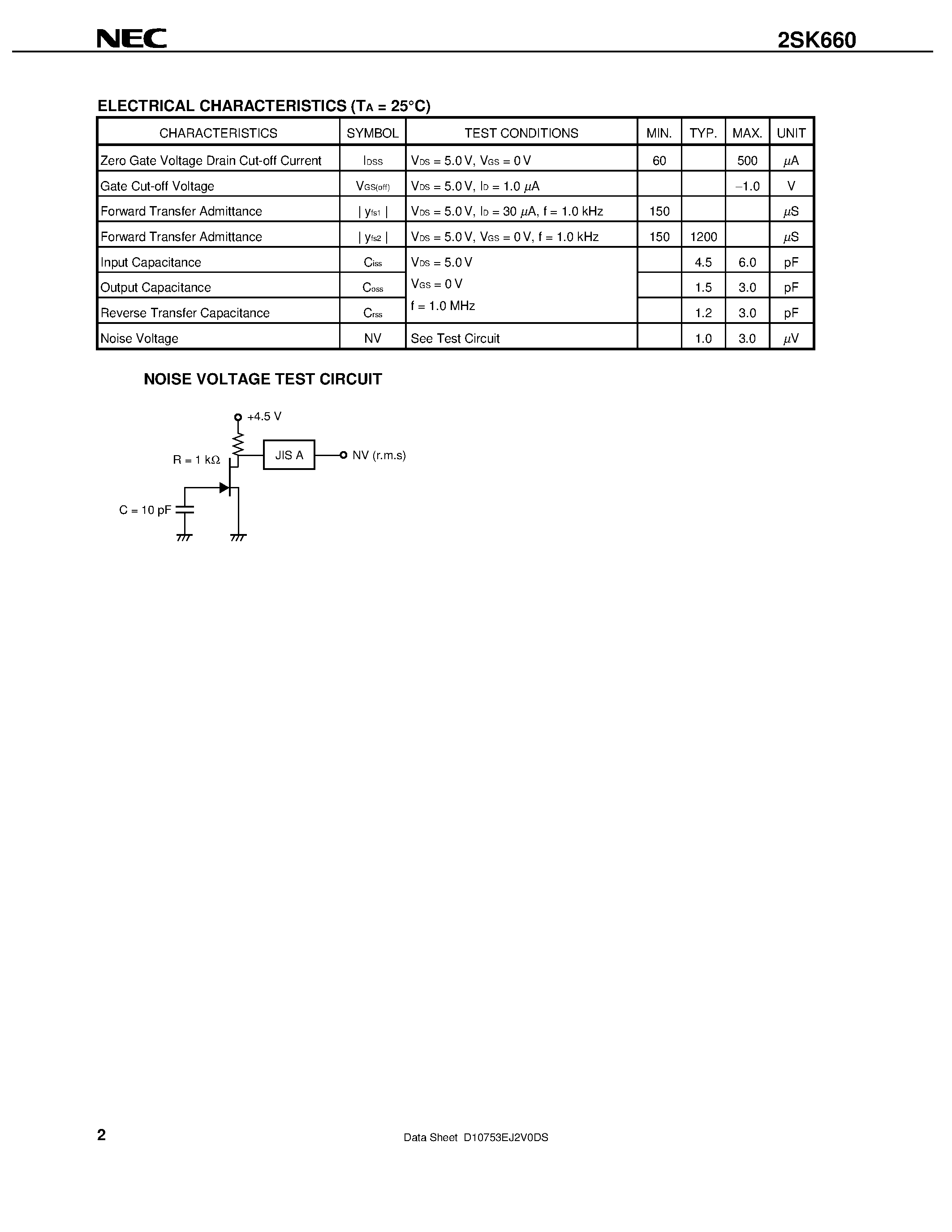 Даташит 2SK660 - N-CHANNEL SILICON JUNCTION FIELD EFFECT TRANSISTOR FOR IMPEDANCE CONVERTER OF ECM страница 2