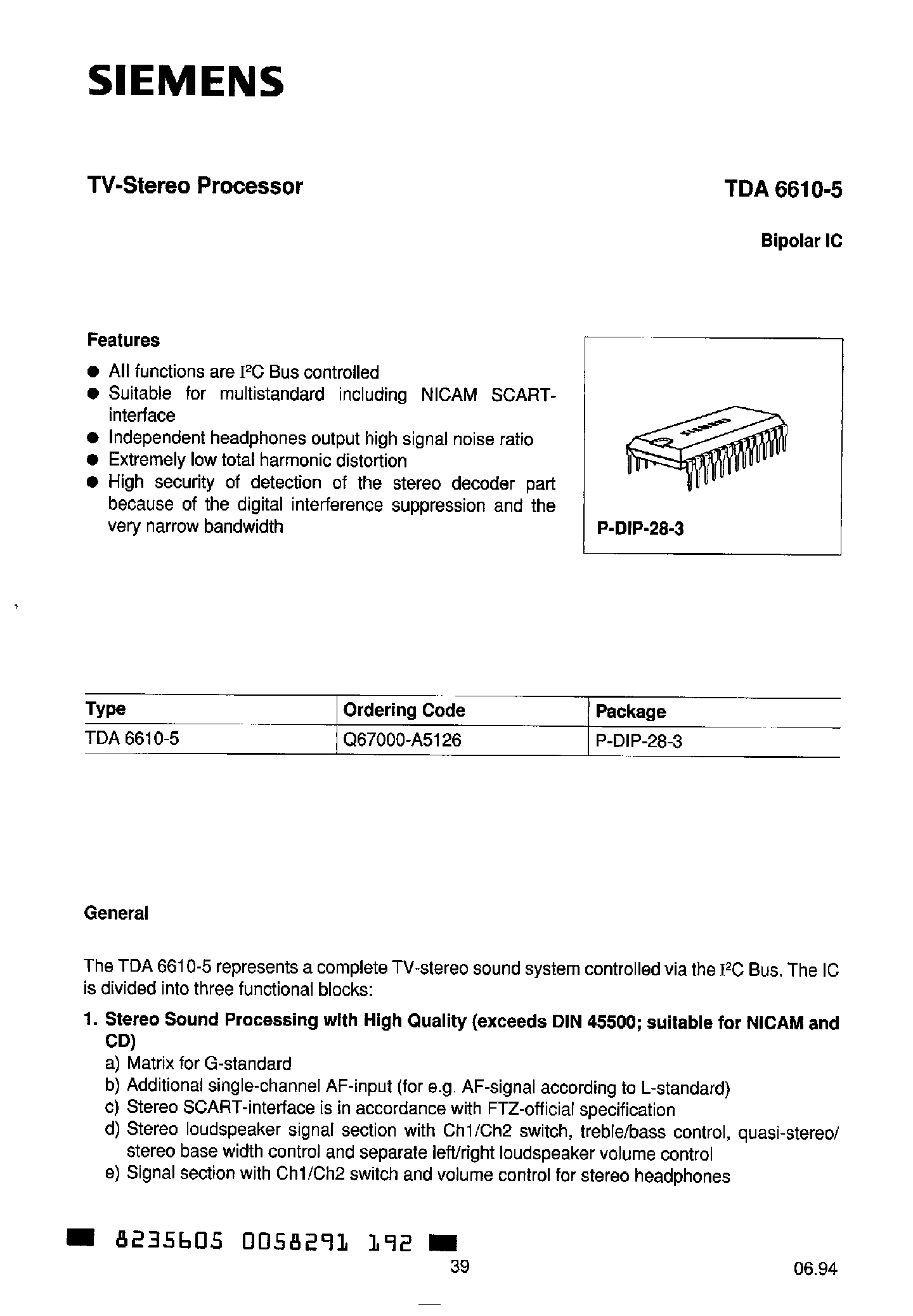 Datasheet TDA6610-5 - TV STEREO PROCESSOR page 1