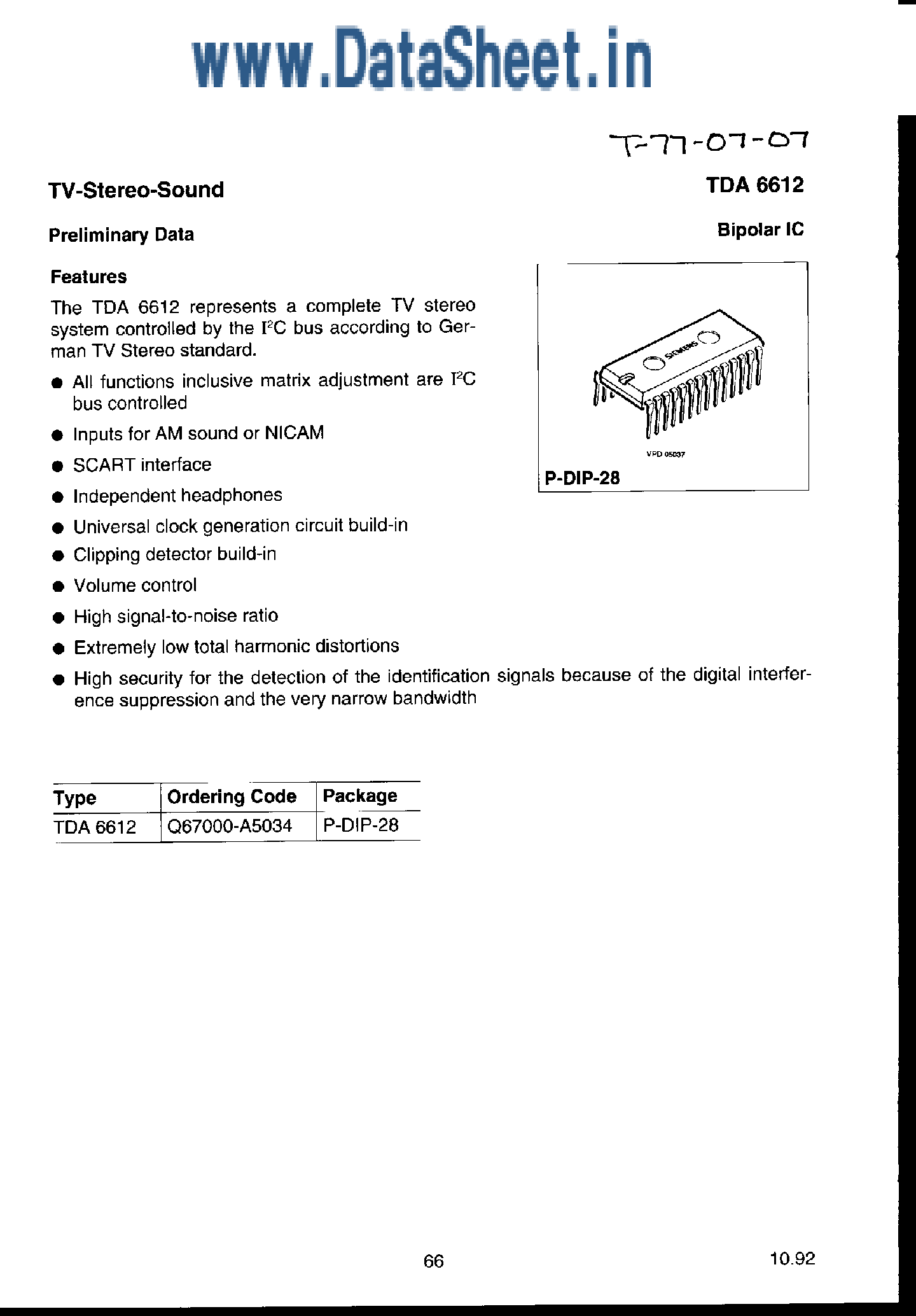Datasheet TDA6612 - TV Stereo Sound page 1