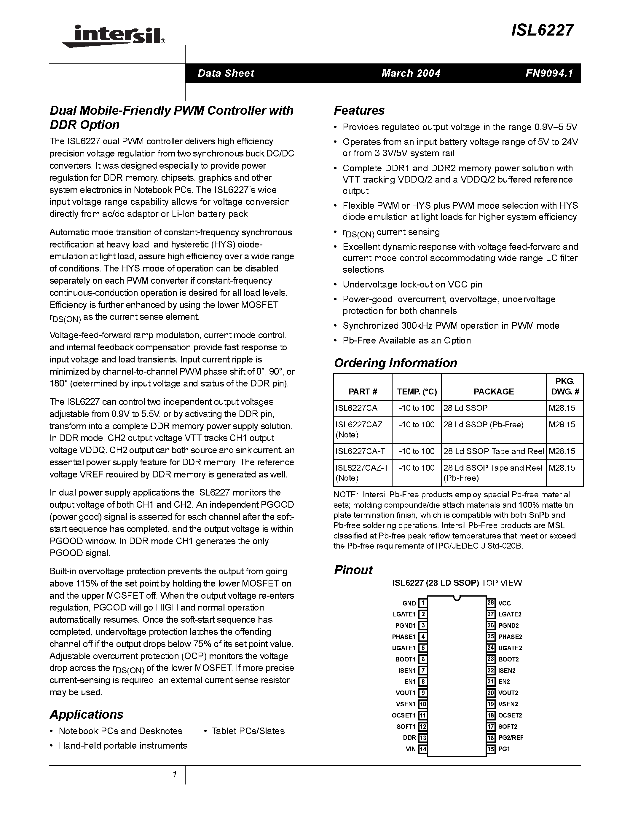 Datasheet ISL6227 - Dual Mobile-Friendly PWM Controller with DDR Option page 1