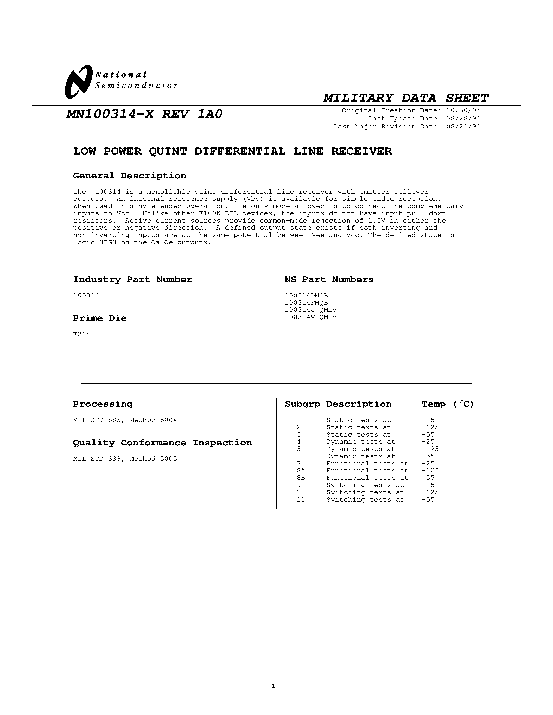 Datasheet MN100314-X page 1 Datasheet MN100314-X - LOW POWER QUINT DIFFERENTIAL LINE RECEIVER page 1