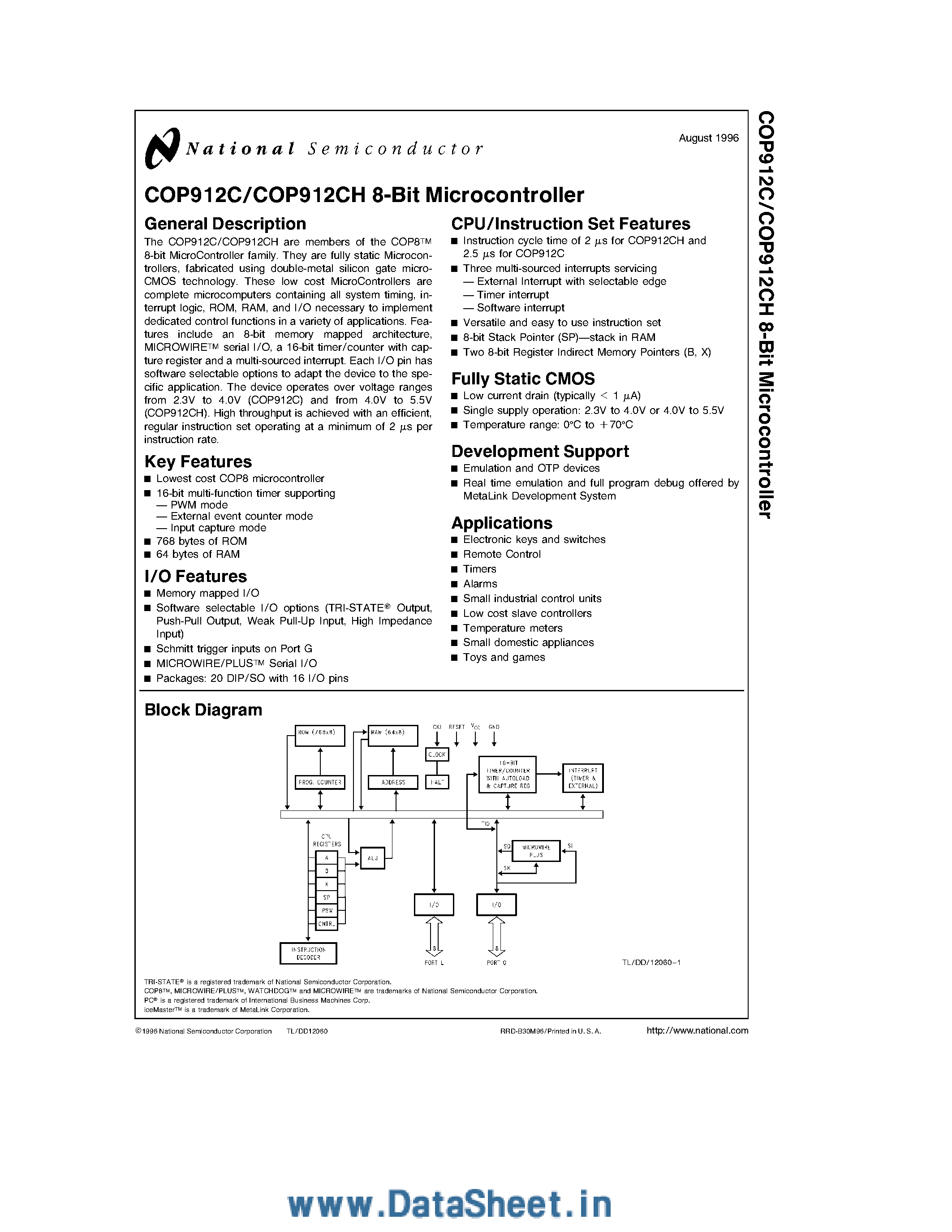 Даташит на микросхему COPCH912C страница 1 Даташит COPCH912C - 8-Bit Microcontroller страница 1