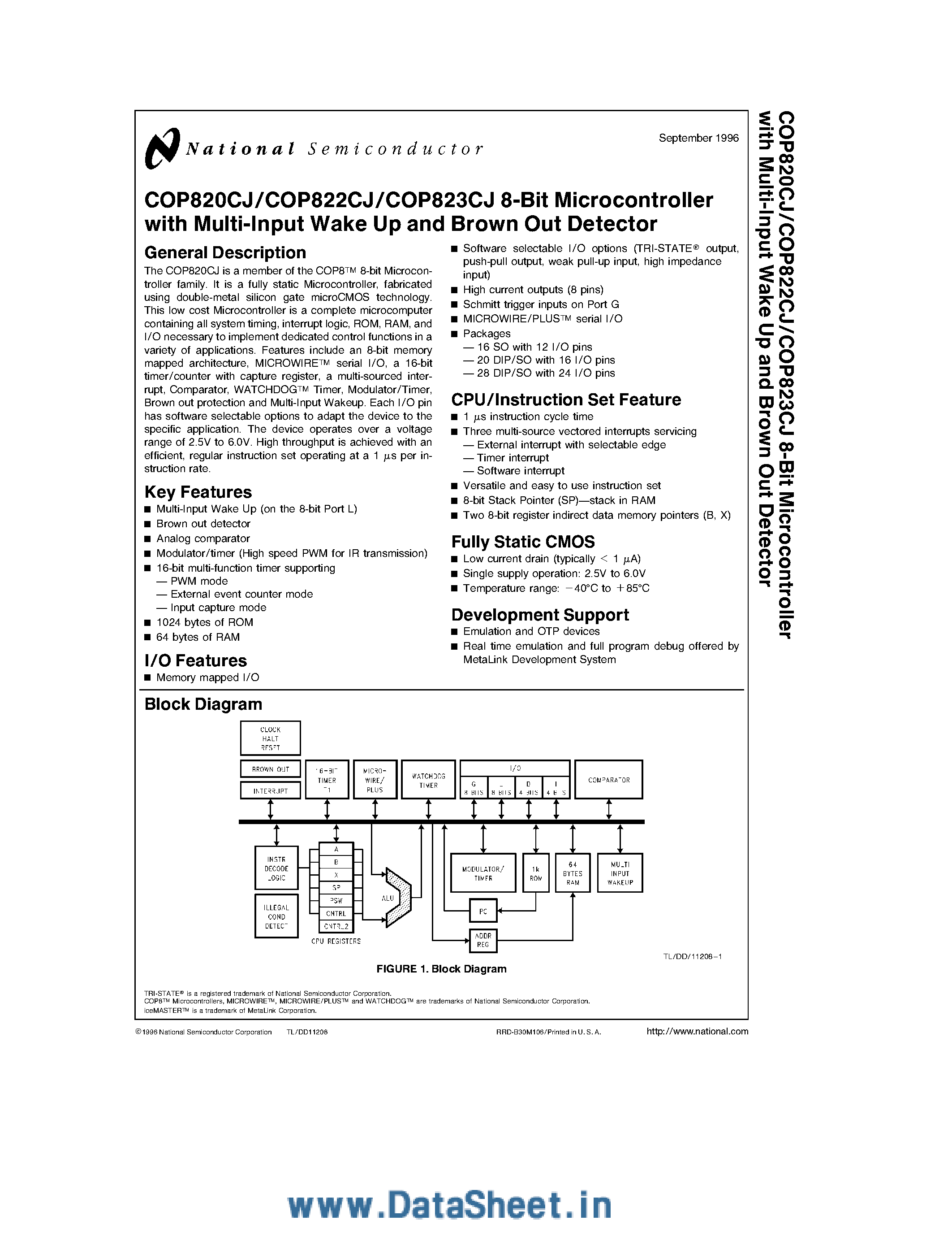 Даташит COP820CJ - (COP820CJ - COP823CJ) 8-Bit Microcontroller with Multi-Input Wake Up and Brown Out Detector страница 1
