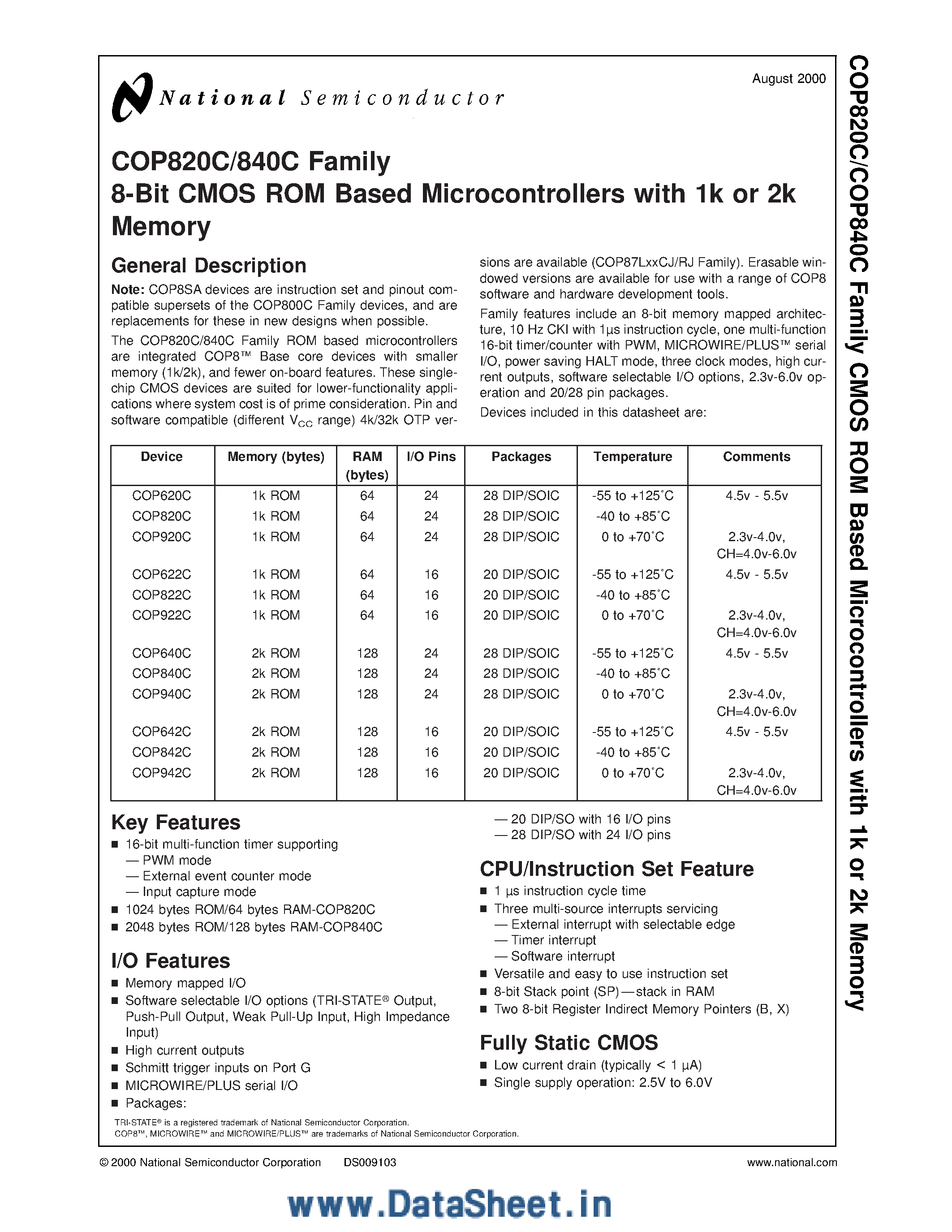 Даташит на микросхему COP620C страница 1 Даташит COP620C - 8-Bit CMOS ROM Based Microcontroller страница 1