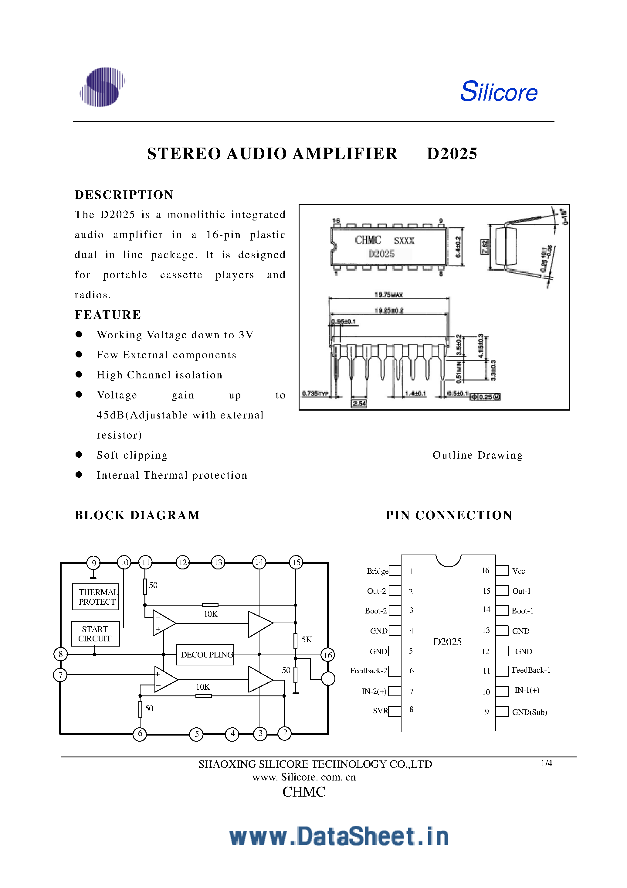 Даташит D2025 - Stereo Audio AMplifier страница 1