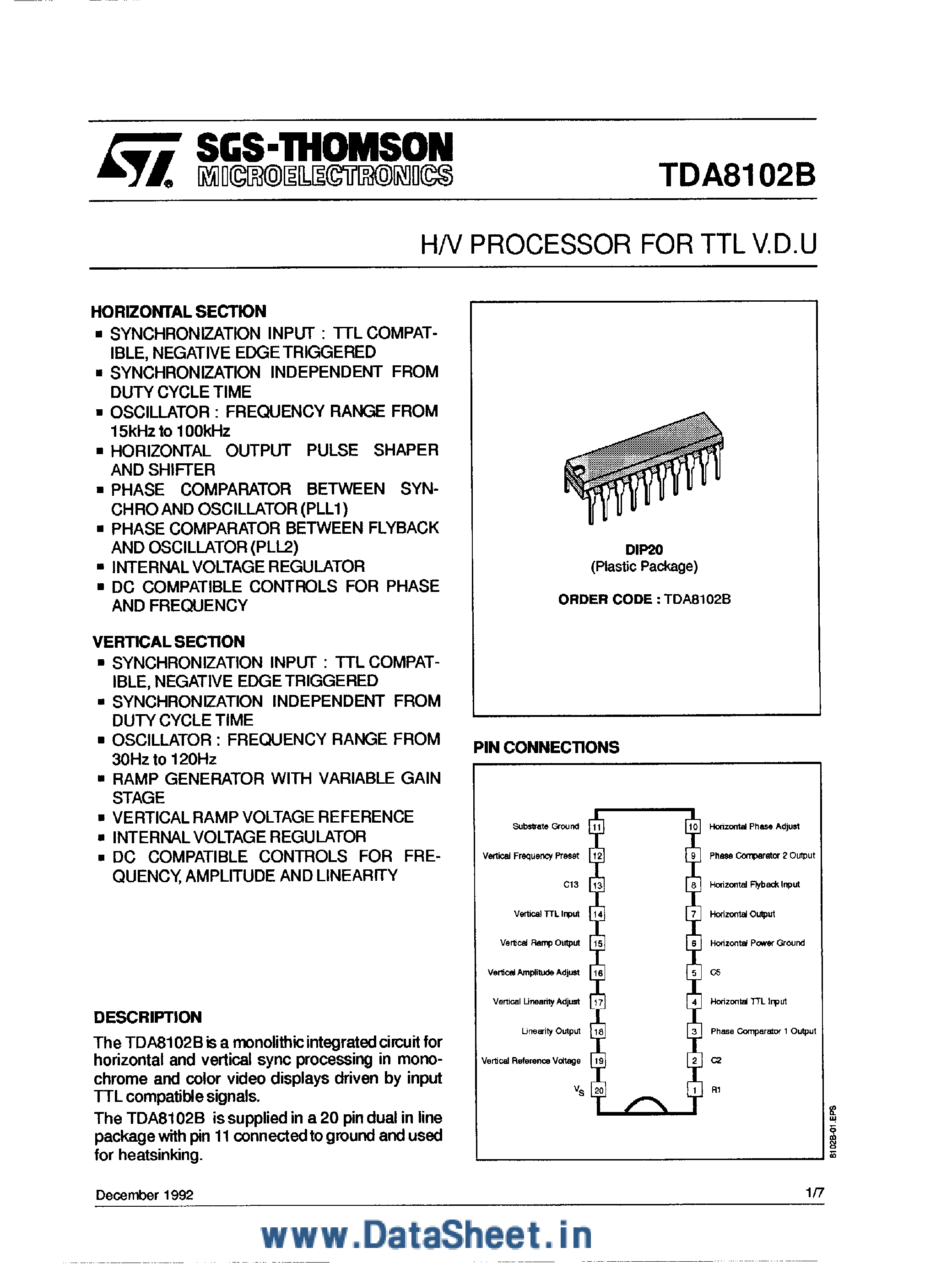 Даташит TDA8102B-H/V Processor for TTL VDU страница 1