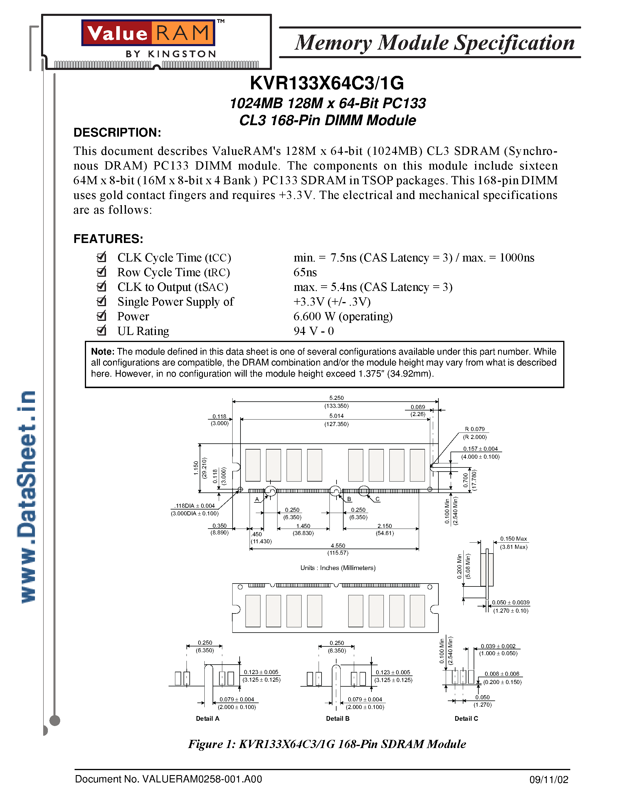 Даташит на микросхему KVR133X64C3/1G страница 1 Даташит KVR133X64C3/1G - 1024MB 128M x 64-Bit PC133 CL3 168-Pin DIMM Module страница 1