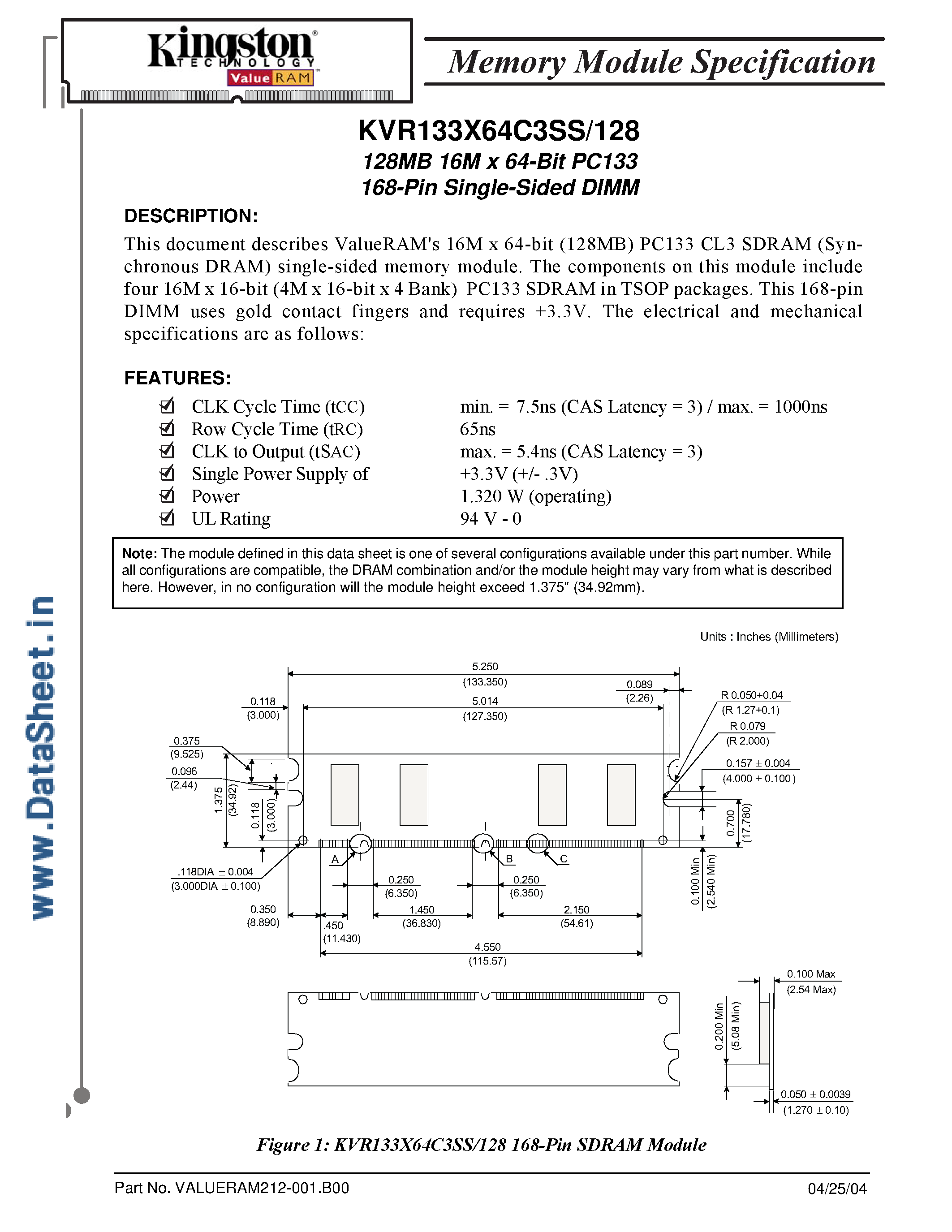 Даташит KVR133X64C3SS/128 - 128MB 16M x 64-Bit PC133 168-Pin Single-Sided DIMM страница 1