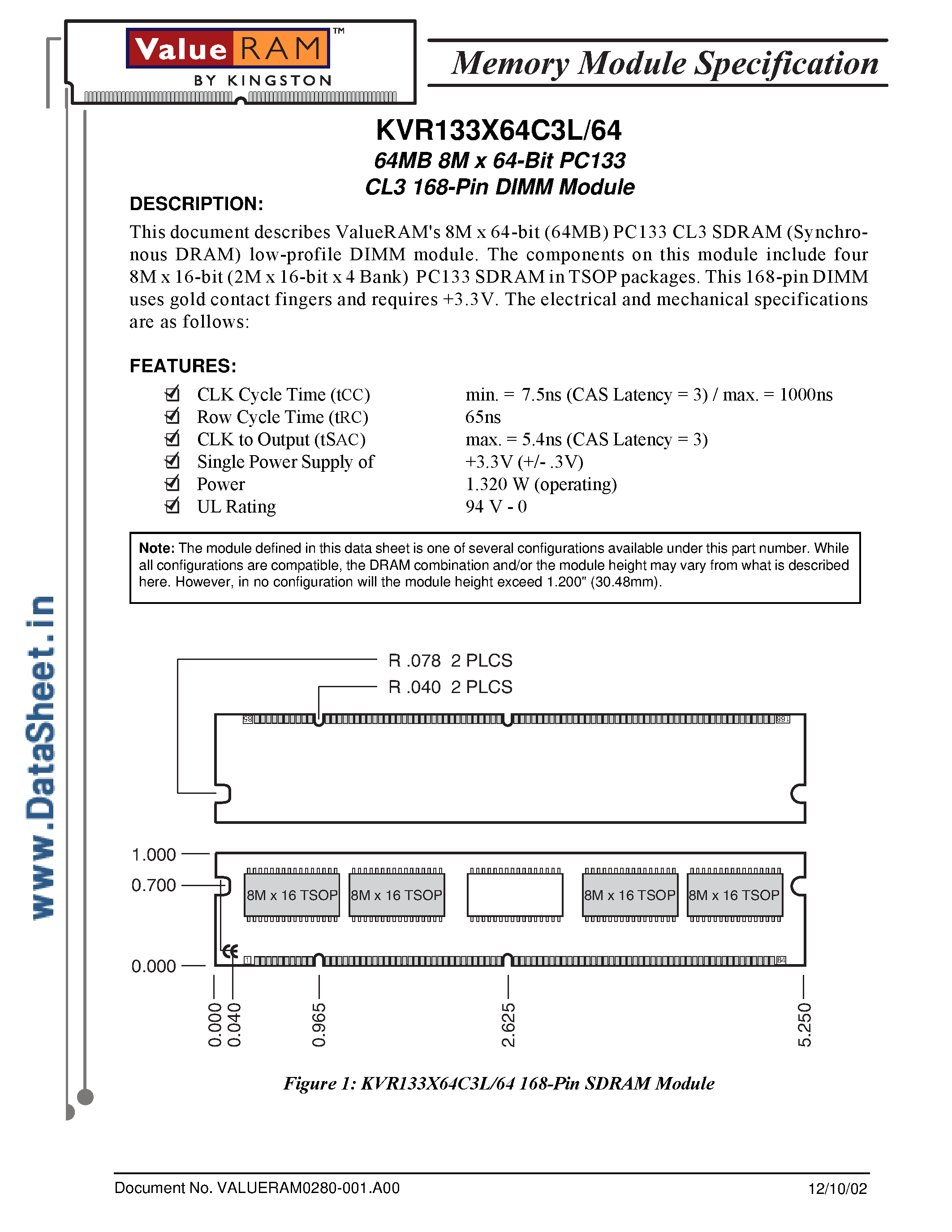 Даташит на микросхему KVR133X64C3L/64 страница 1 Даташит KVR133X64C3L/64 - 64MB 8M x 64-Bit PC133 CL3 168-Pin DIMM Module страница 1