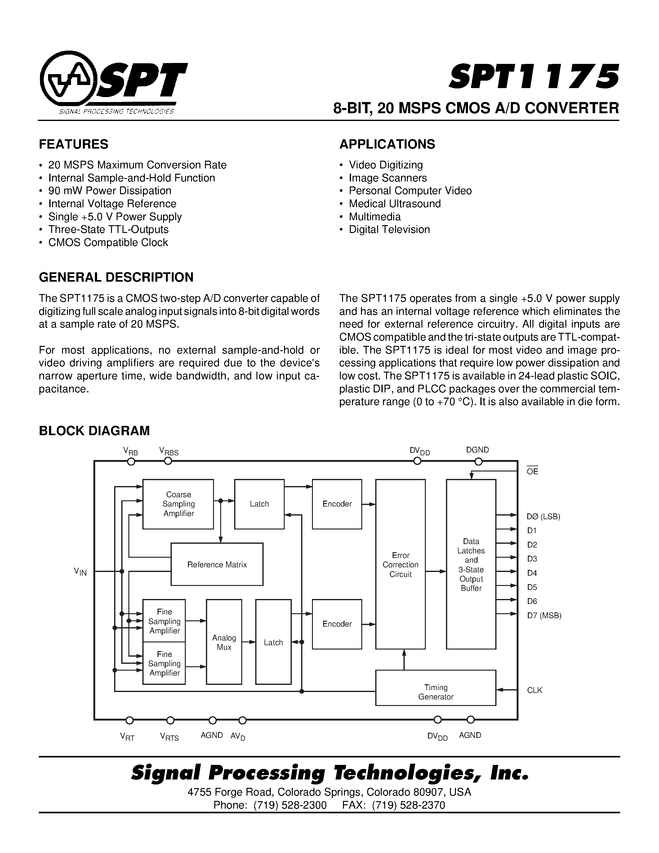 Даташит SPT175 - 8-BIT / 20 MSPS CMOS A/D CONVERTER страница 1