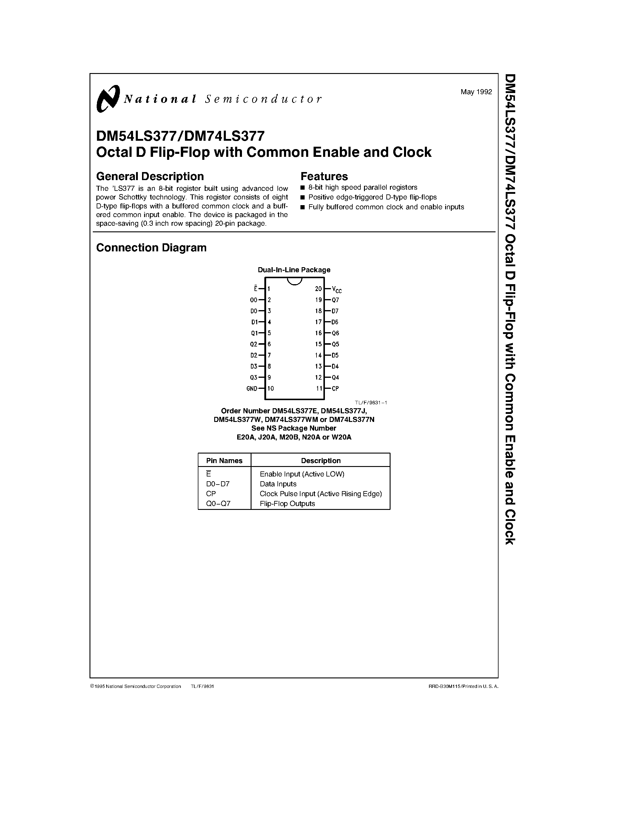 Datasheet DM74LS377 page 1 Datasheet DM74LS377 - Octal D Flip-Flop with Common Enable and Clock page 1