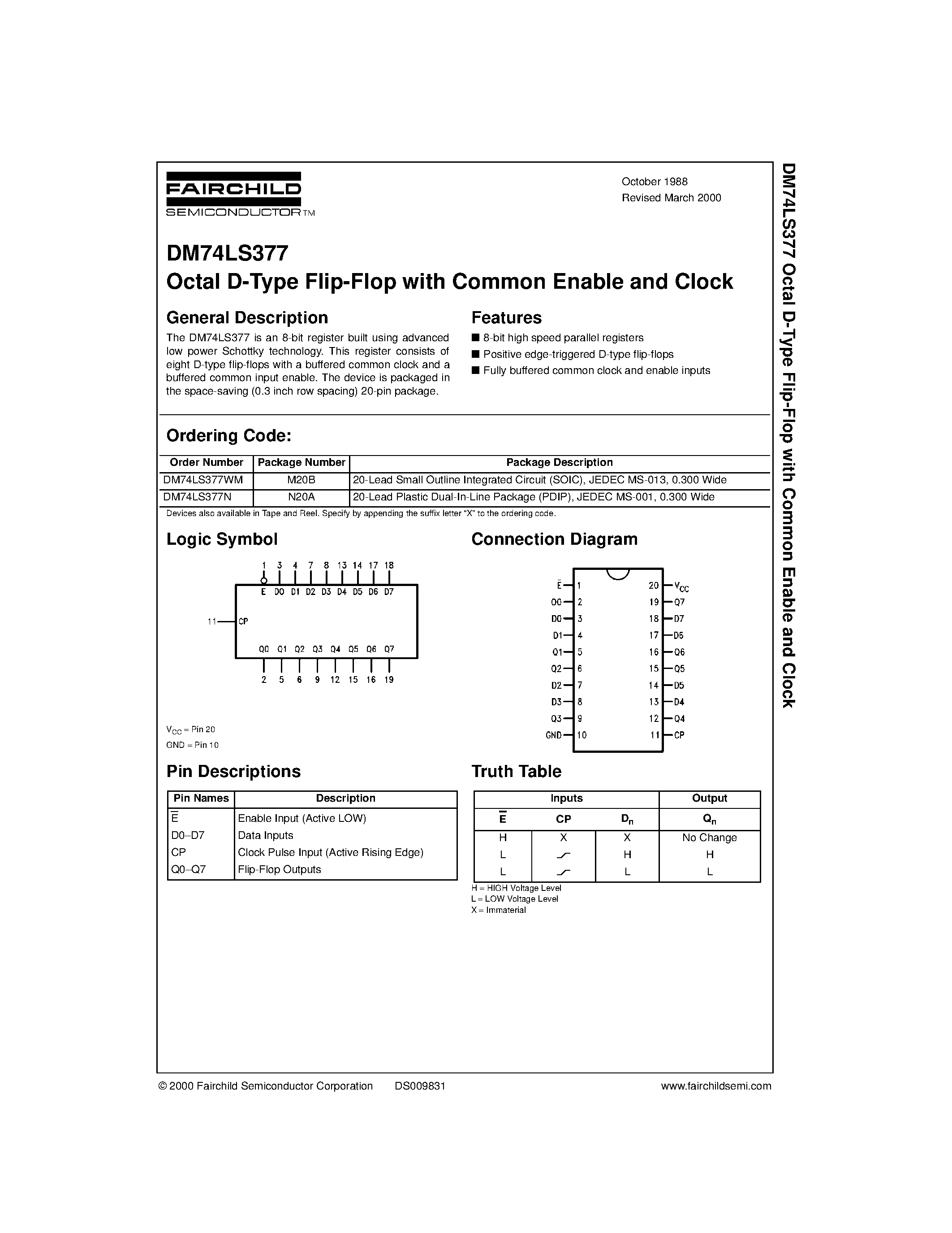 Datasheet DM74LS377 page 1 Datasheet DM74LS377 - Octal D-Type Flip-Flop with Common Enable and Clock page 1