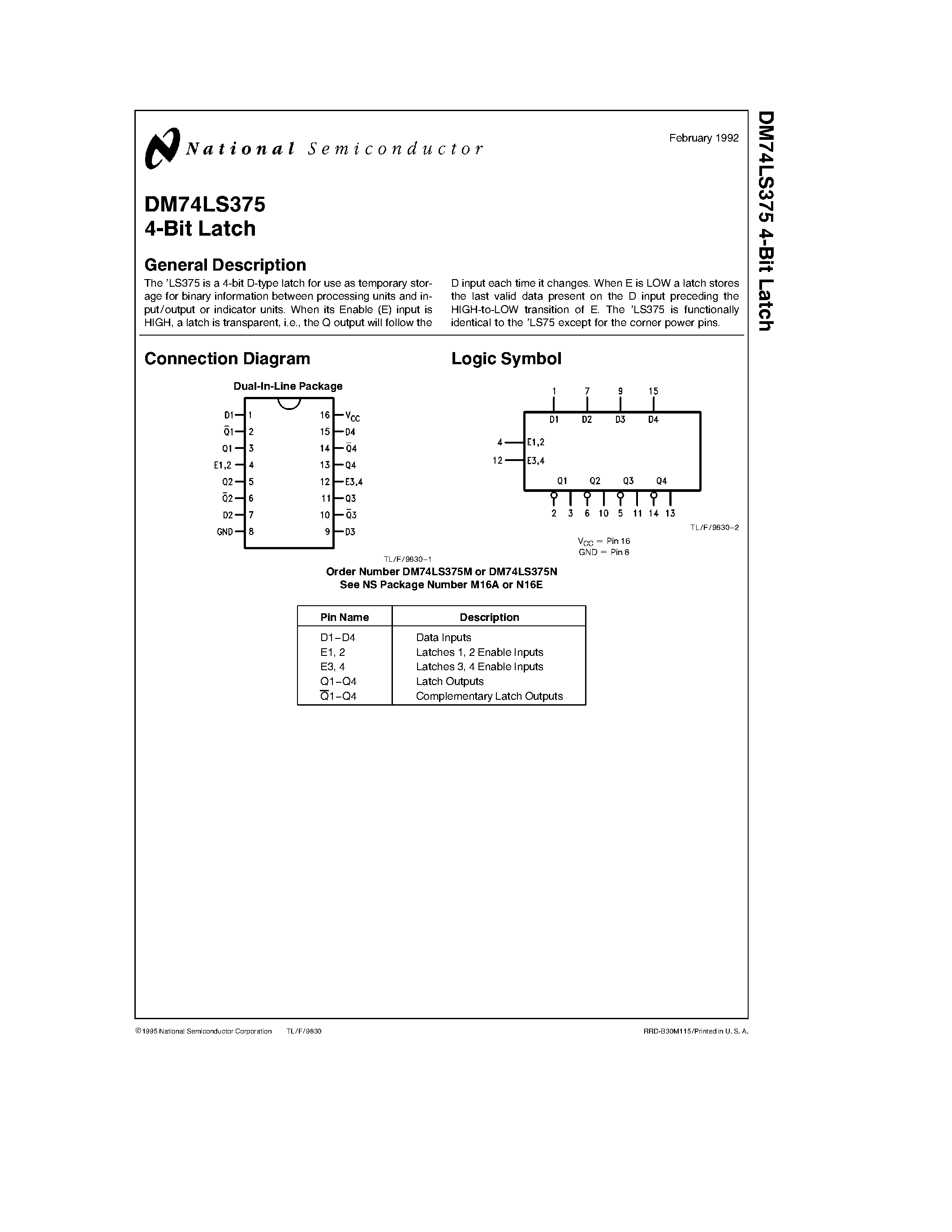 Datasheet DM74LS375 page 1 Datasheet DM74LS375 - 4-Bit Latch page 1