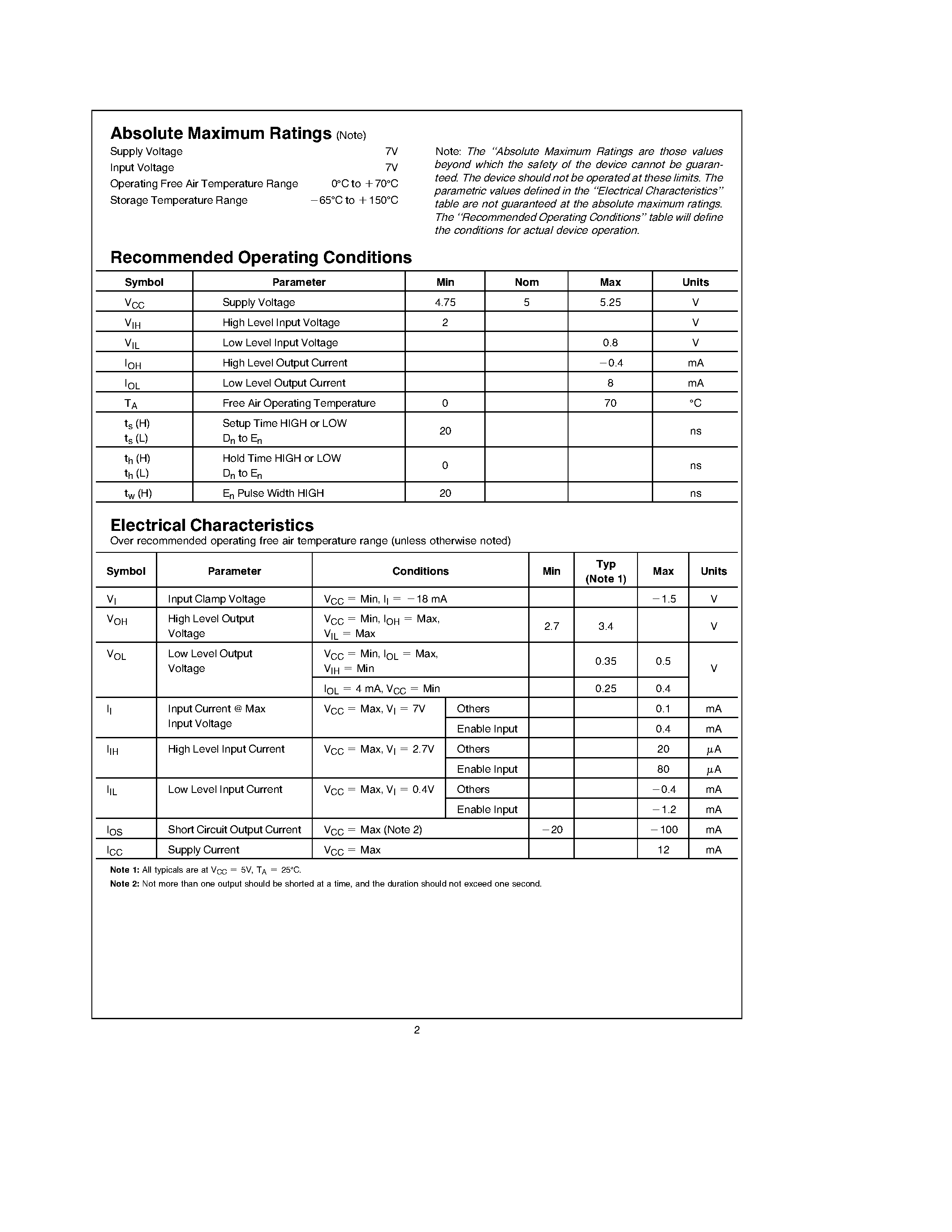 Datasheet DM74LS375 page 2 Datasheet DM74LS375 - 4-Bit Latch page 2