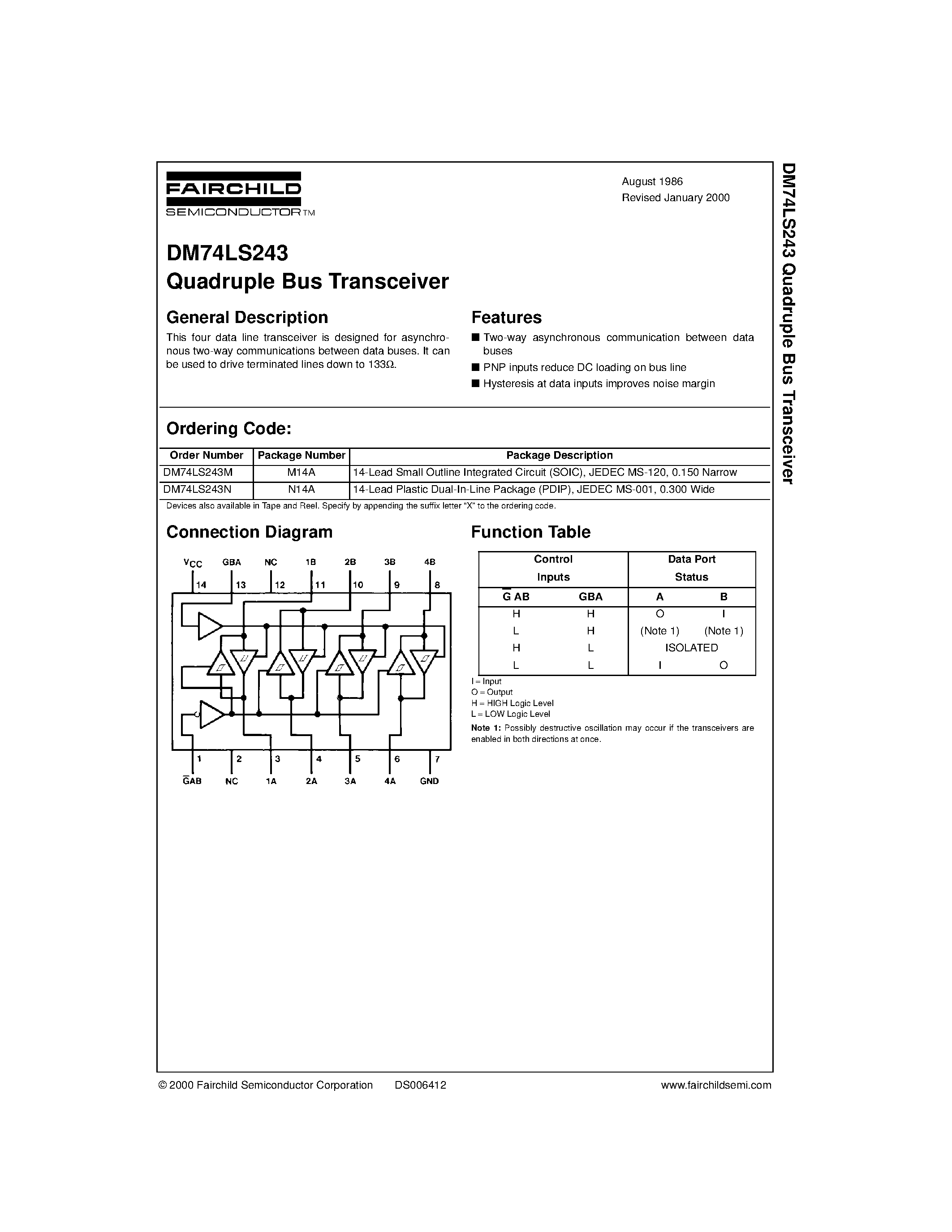 Даташит на микросхему DM74LS243 страница 1 Даташит DM74LS243 - Quadruple Bus Transceiver страница 1