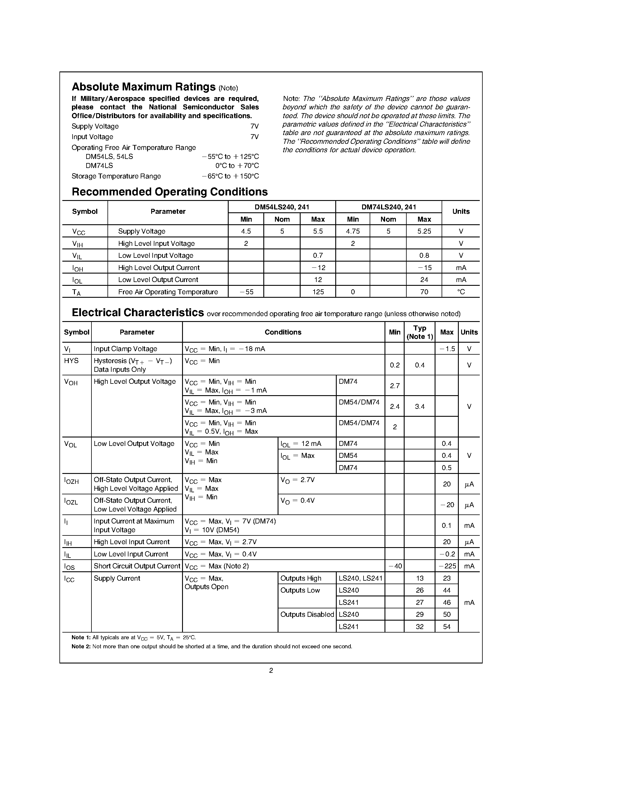 Datasheet DM74LS240 - (DM74LS240 / DM74LS241) Octal TRI-STATE Buffers/Line Drivers/Line Receivers page 2