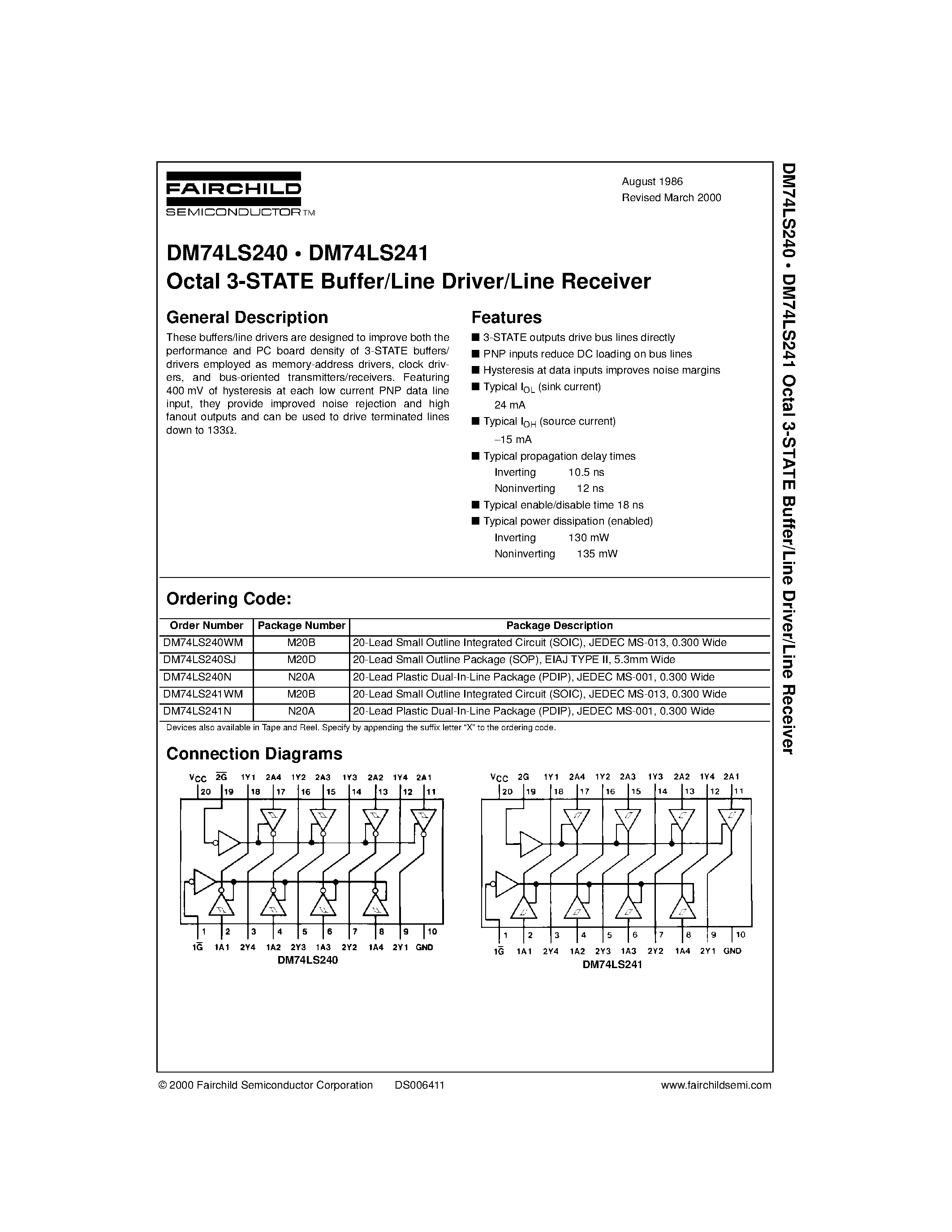 Datasheet DM74LS240 page 1 Datasheet DM74LS240 - (DM74LS240 / DM74LS241) Octal 3-STATE Buffer/Line Driver/Line Receiver page 1