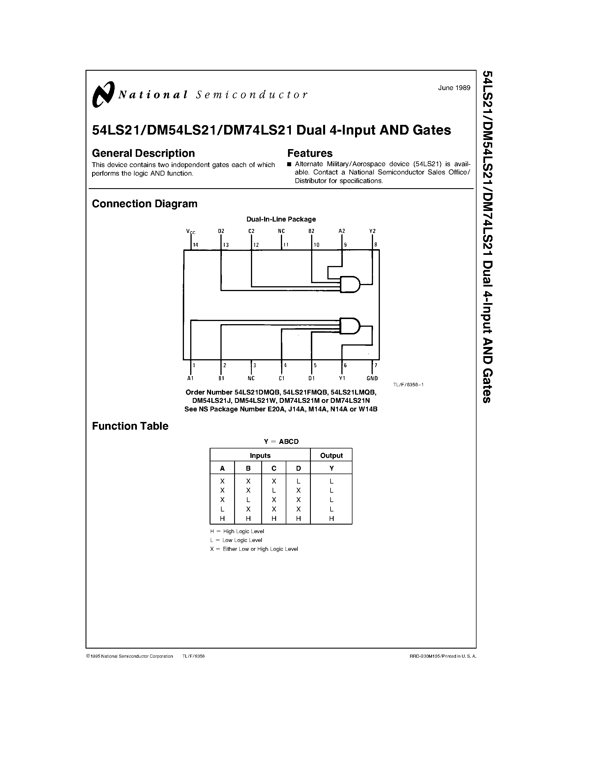 Даташит на микросхему DM74LS21 страница 1 Даташит DM74LS21 - Dual 4-Input AND Gates страница 1