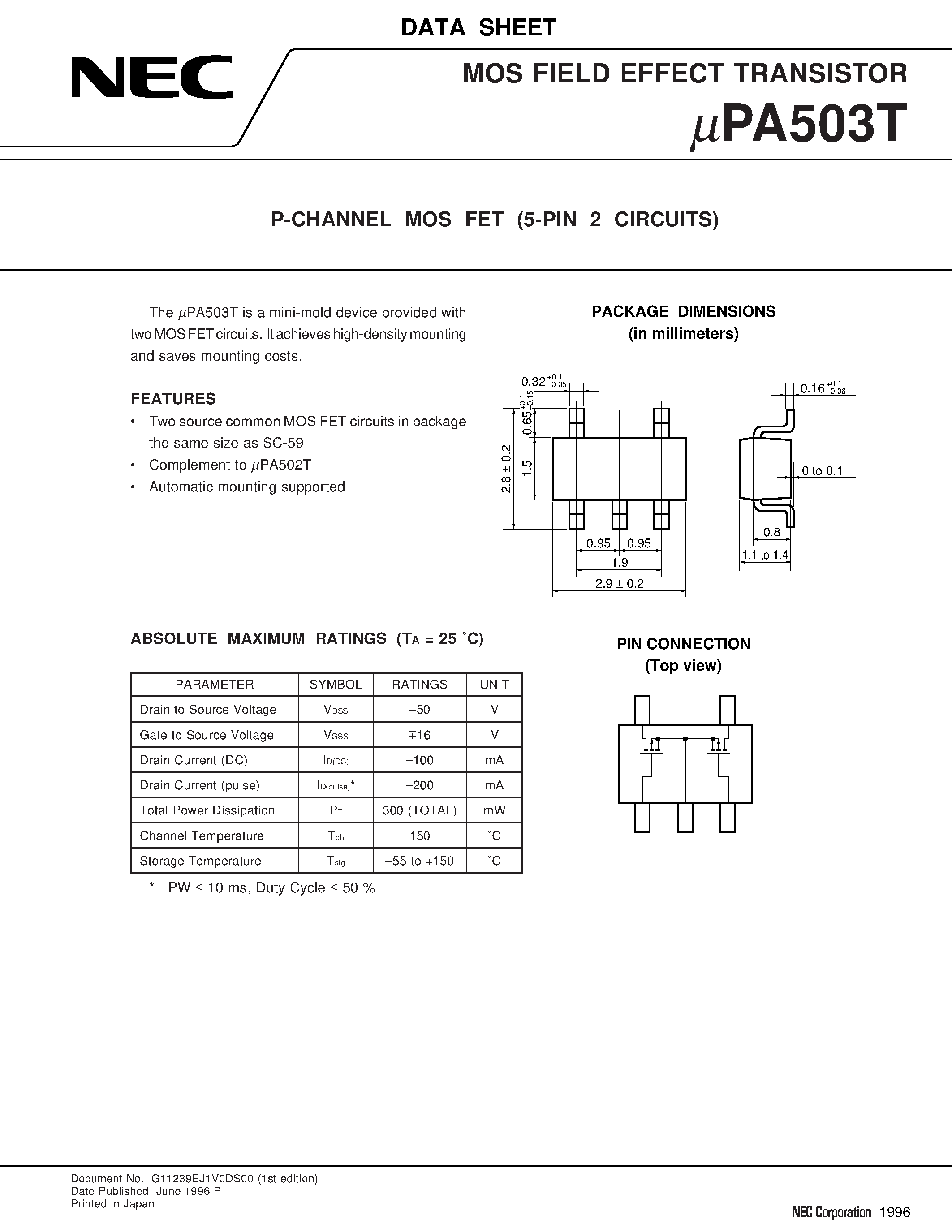 Datasheet UPA503T - P-CHANNEL MOSFET (5-PIN 2 CIRCUITS) page 1