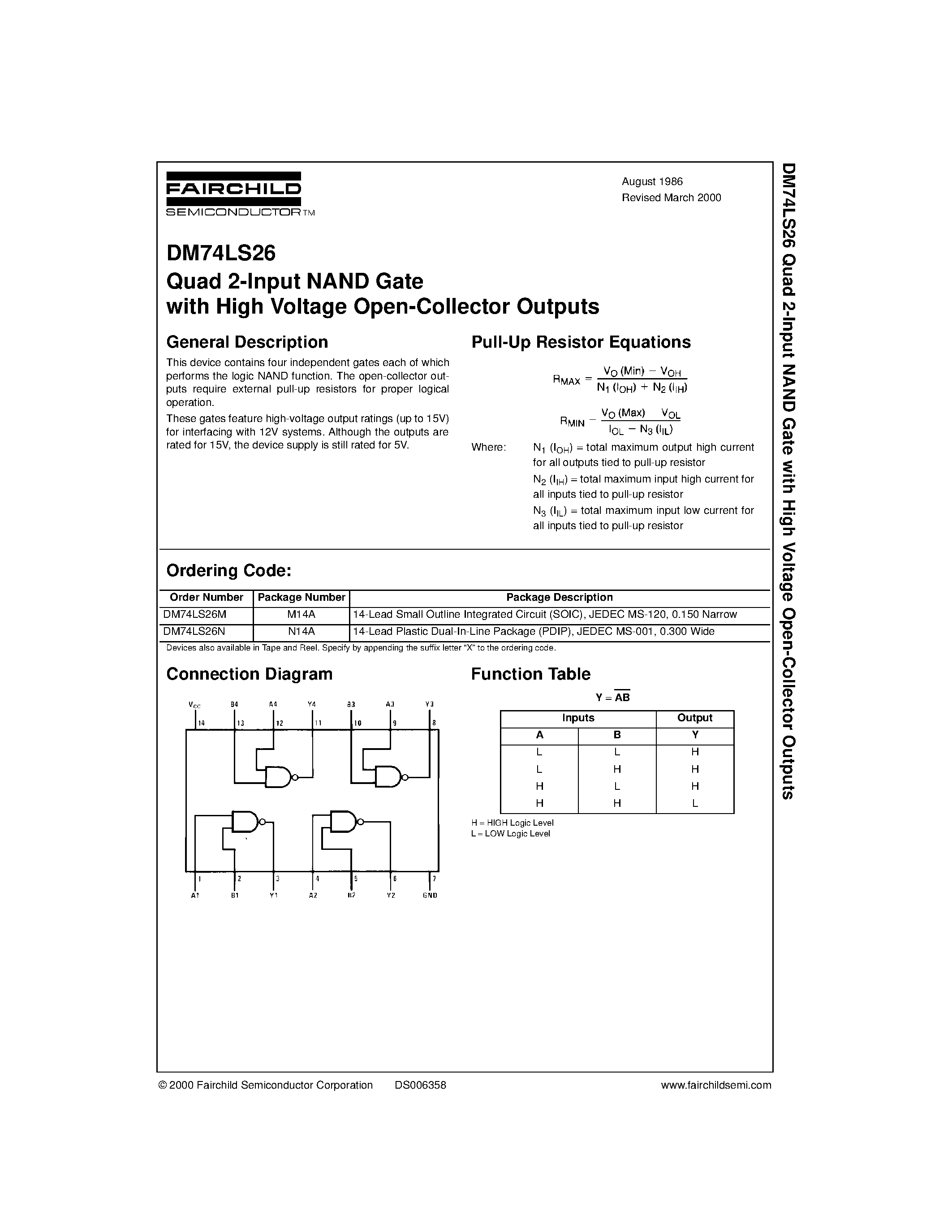 Даташит DM74LS26 - Quad 2-Input NAND Gate with High Voltage Open-Collector Outputs страница 1