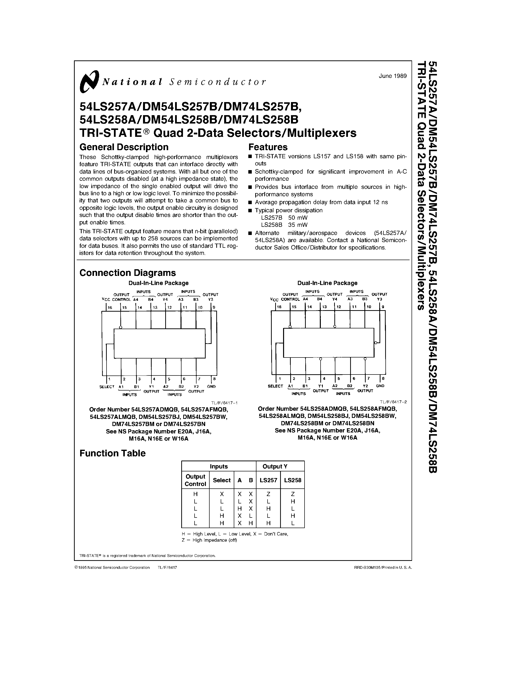 Datasheet DM74LS257 page 1 Datasheet DM74LS257 - (DM74LS257 / DM74LS258) TRI-STATE Quad 2-Data Selectors/Multiplexers page 1
