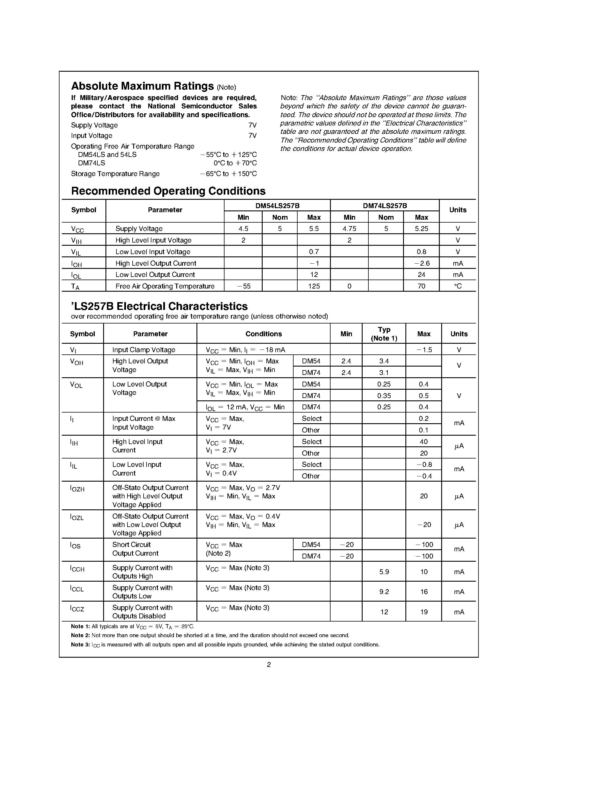 Datasheet DM74LS257 page 2 Datasheet DM74LS257 - (DM74LS257 / DM74LS258) TRI-STATE Quad 2-Data Selectors/Multiplexers page 2