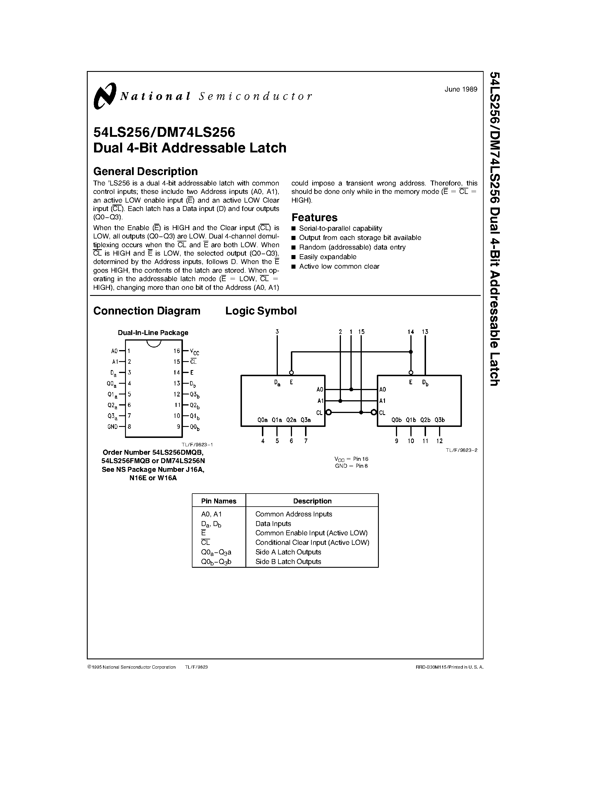 Даташит DM74LS256 - Dual 4-Bit Addressable Latch страница 1