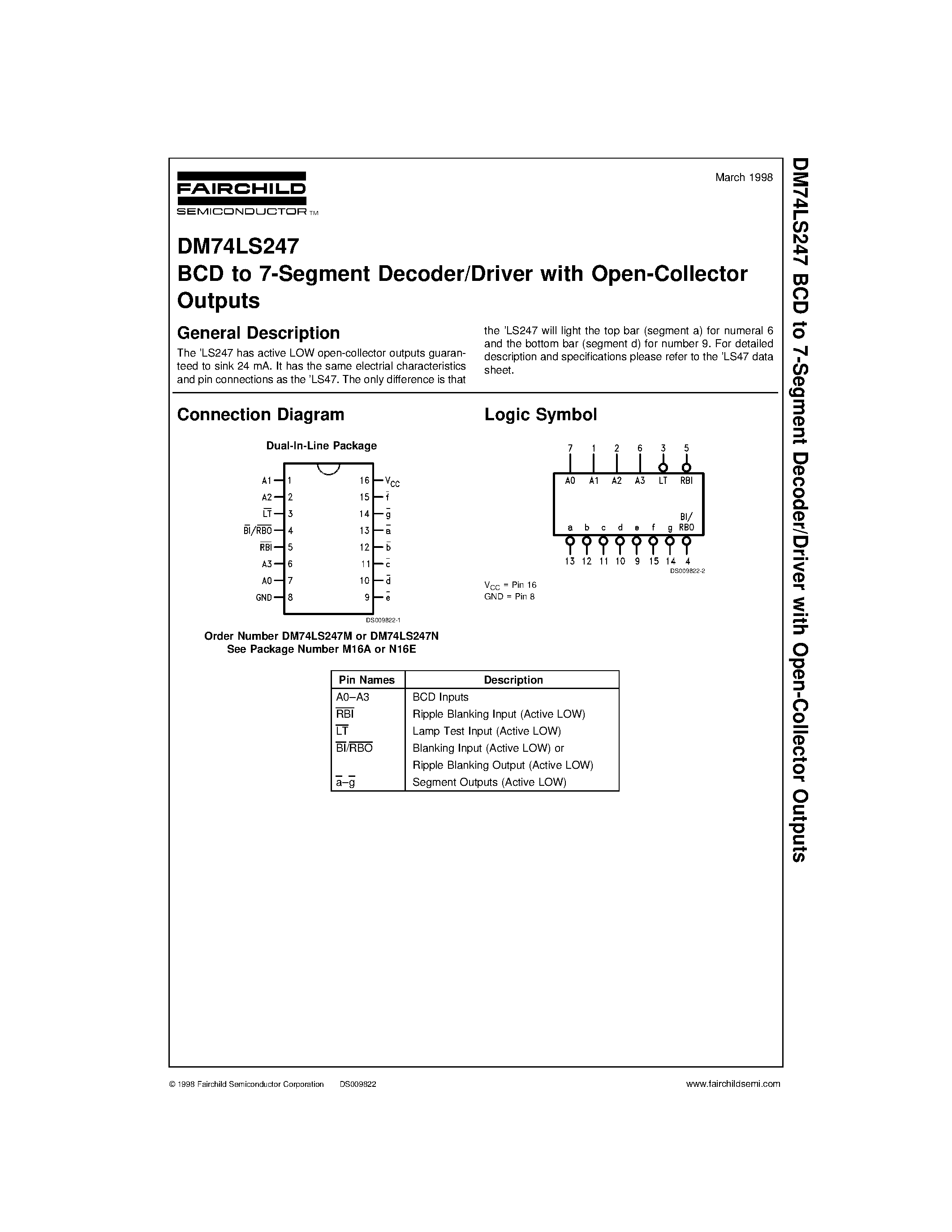 Datasheet DM74LS247 page 1 Datasheet DM74LS247 - BCD to 7-Segment Decoder/Driver with Open-Collector Outputs page 1
